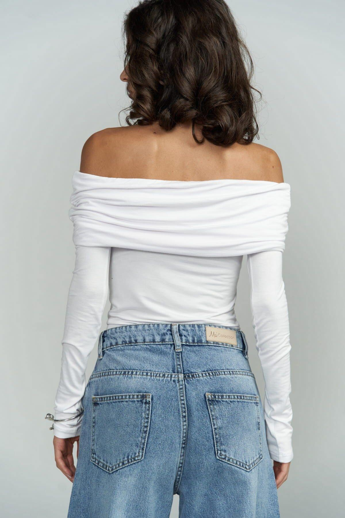 Alonzo Carmen Neckline Long Sleeve White Blouse