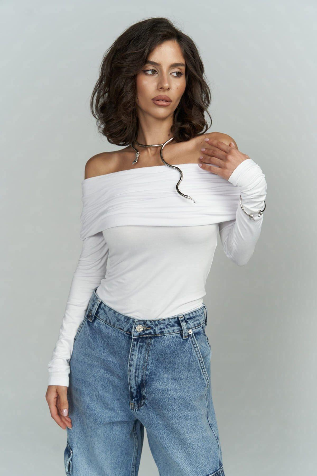 Alonzo Carmen Neckline Long Sleeve White Blouse