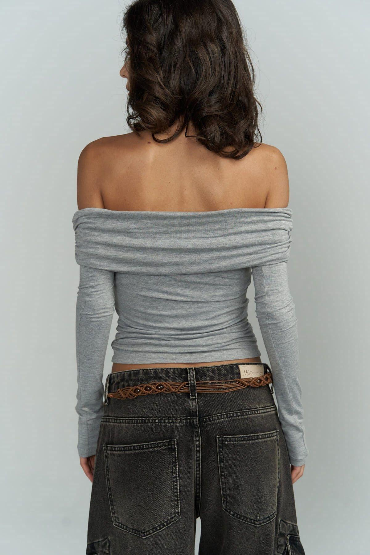 Alonzo Carmen Neckline Long Sleeve Gray Blouse