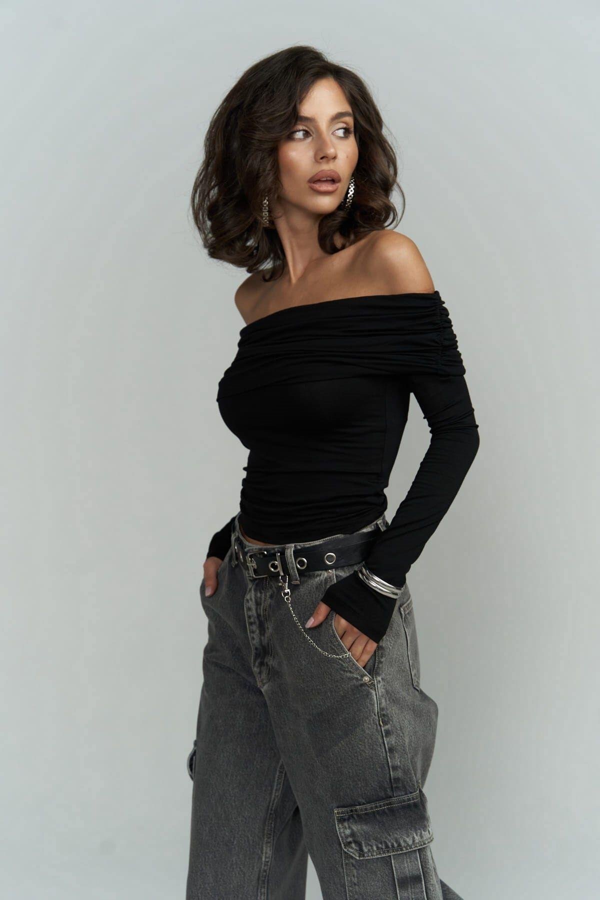 Alonzo Carmen Neckline Long Sleeve Black Blouse