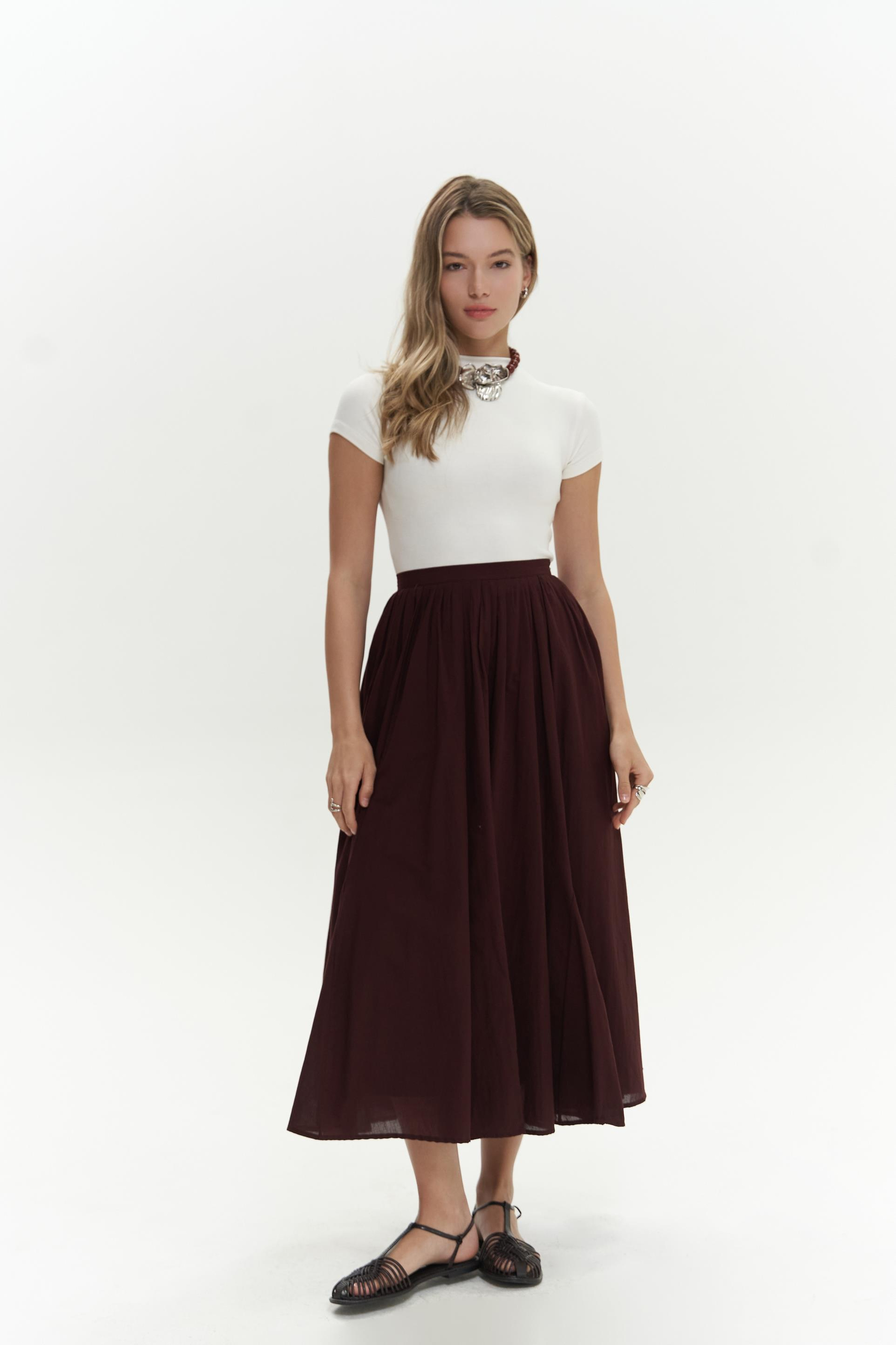 Amaya Pleated Burgundy Midi Skirt