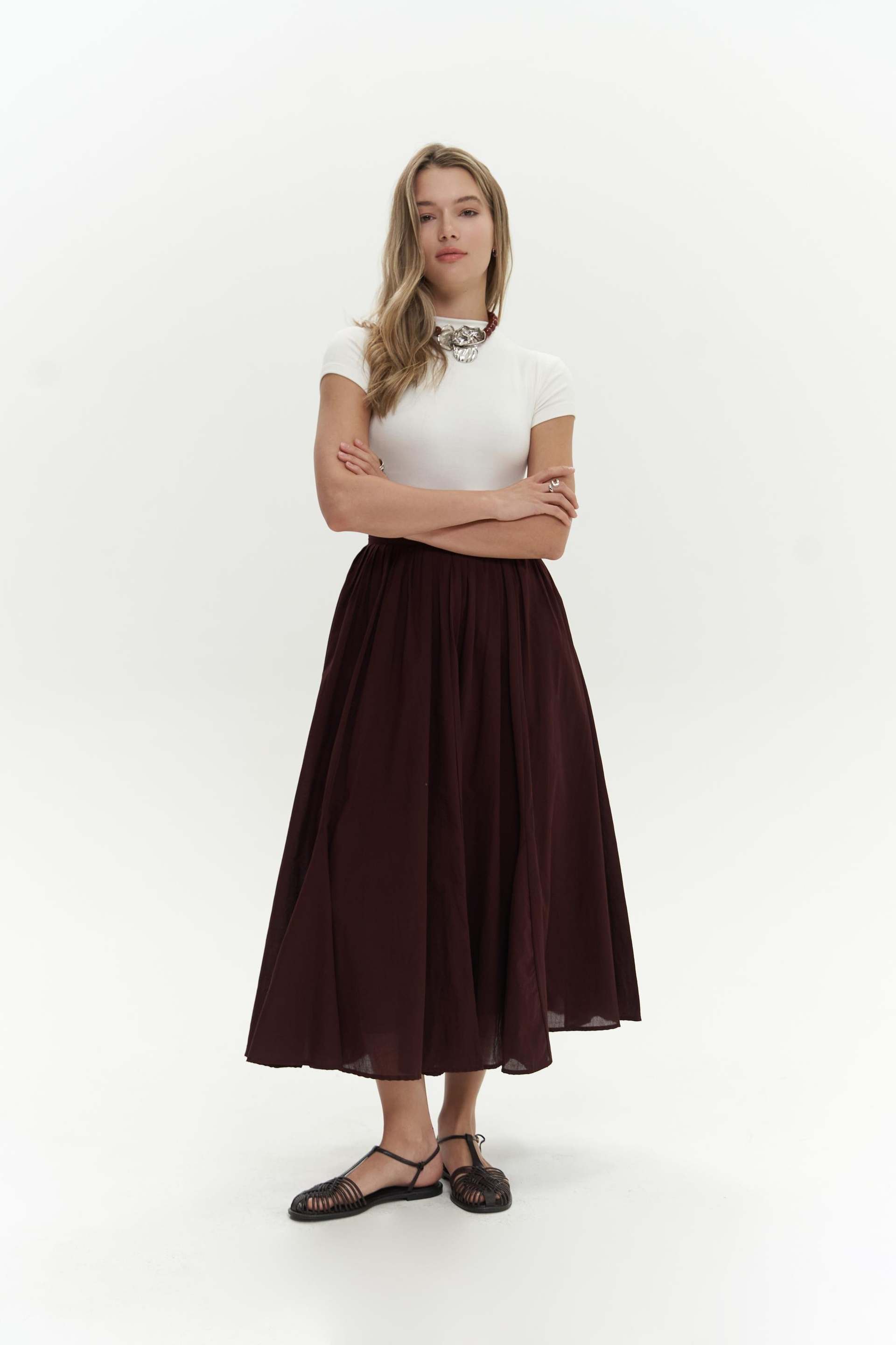 Amaya Pleated Burgundy Midi Skirt
