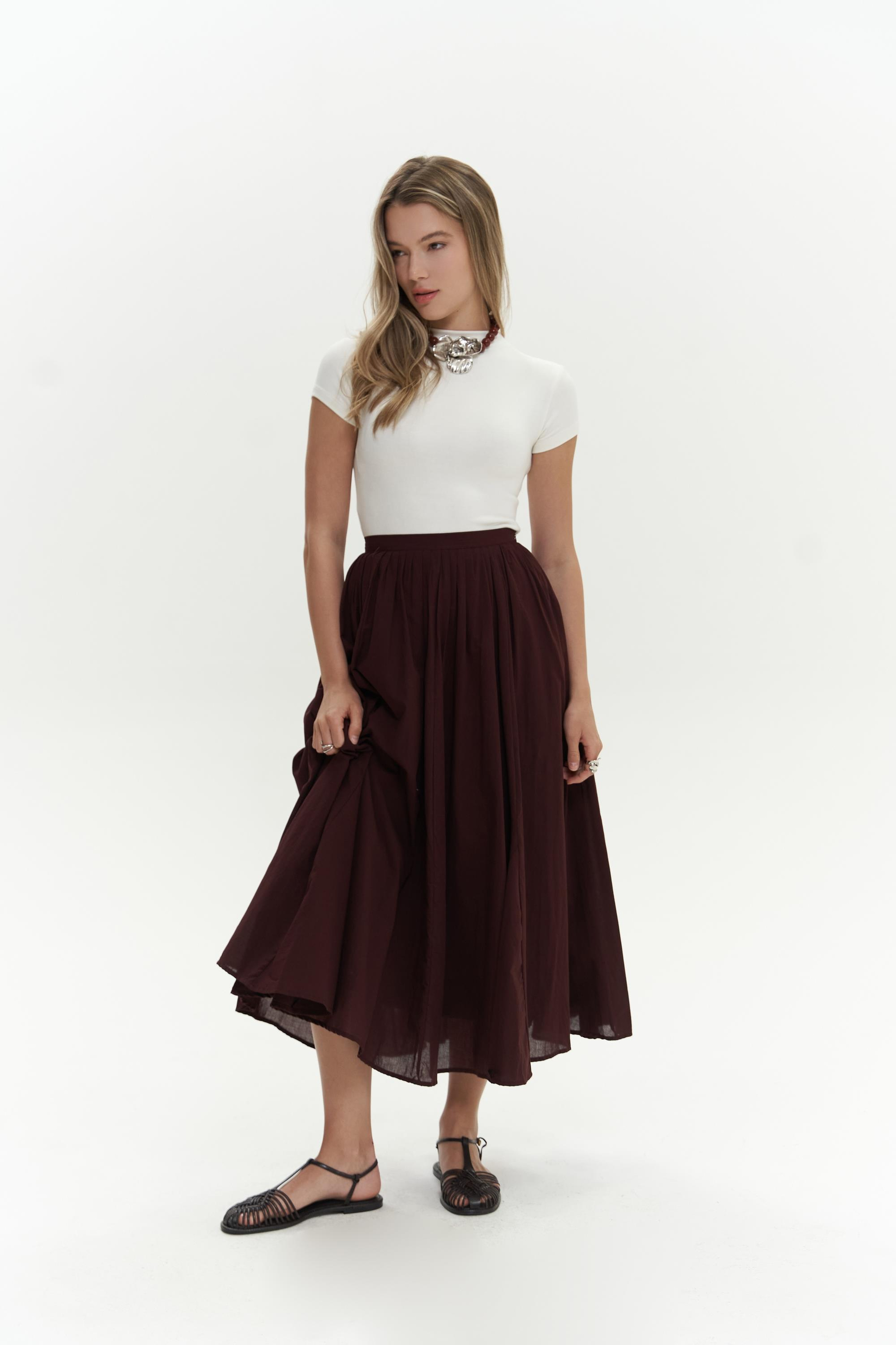 Amaya Pleated Burgundy Midi Skirt