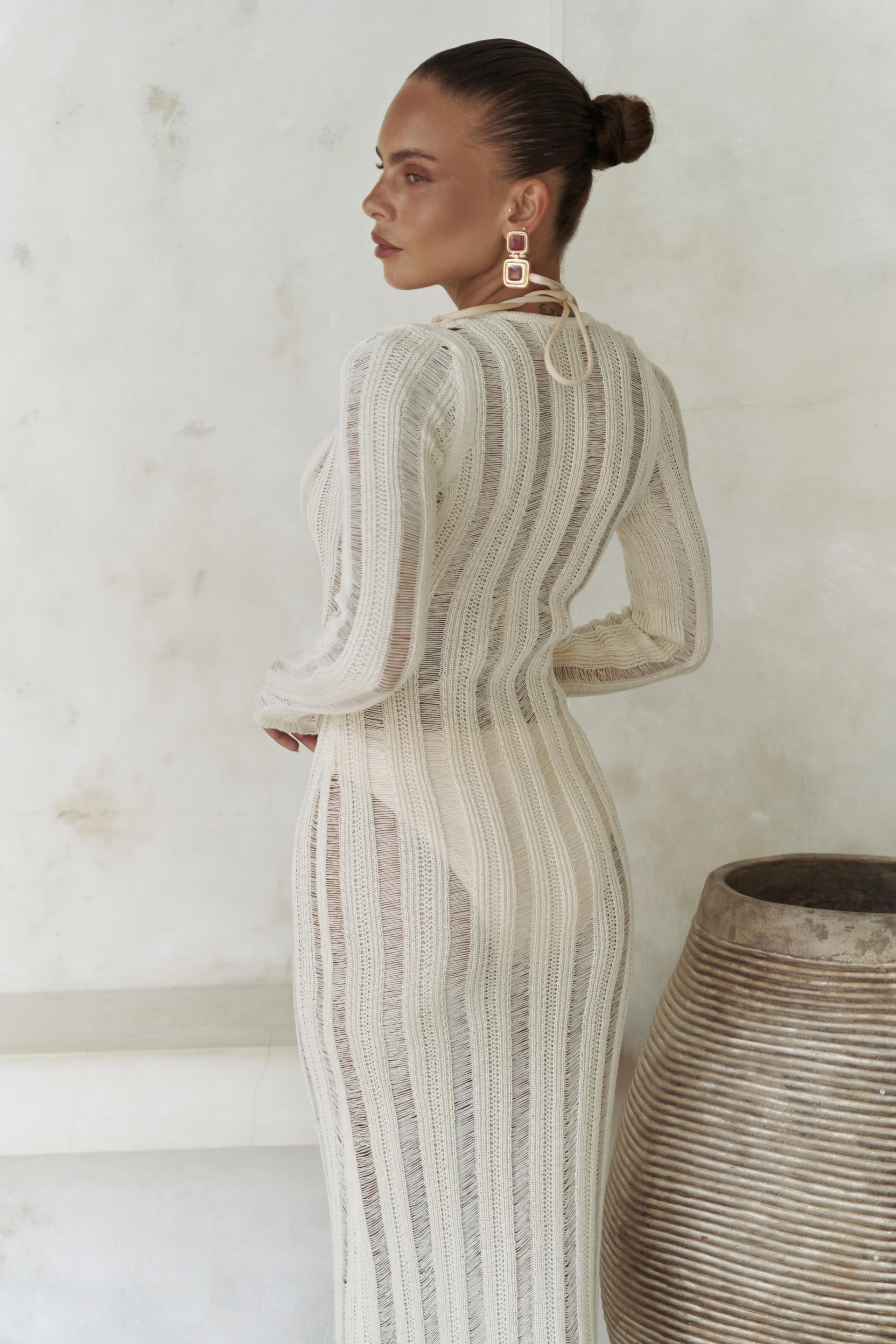 Anandra Boncuk Detay Bej Triko Uzun Elbise