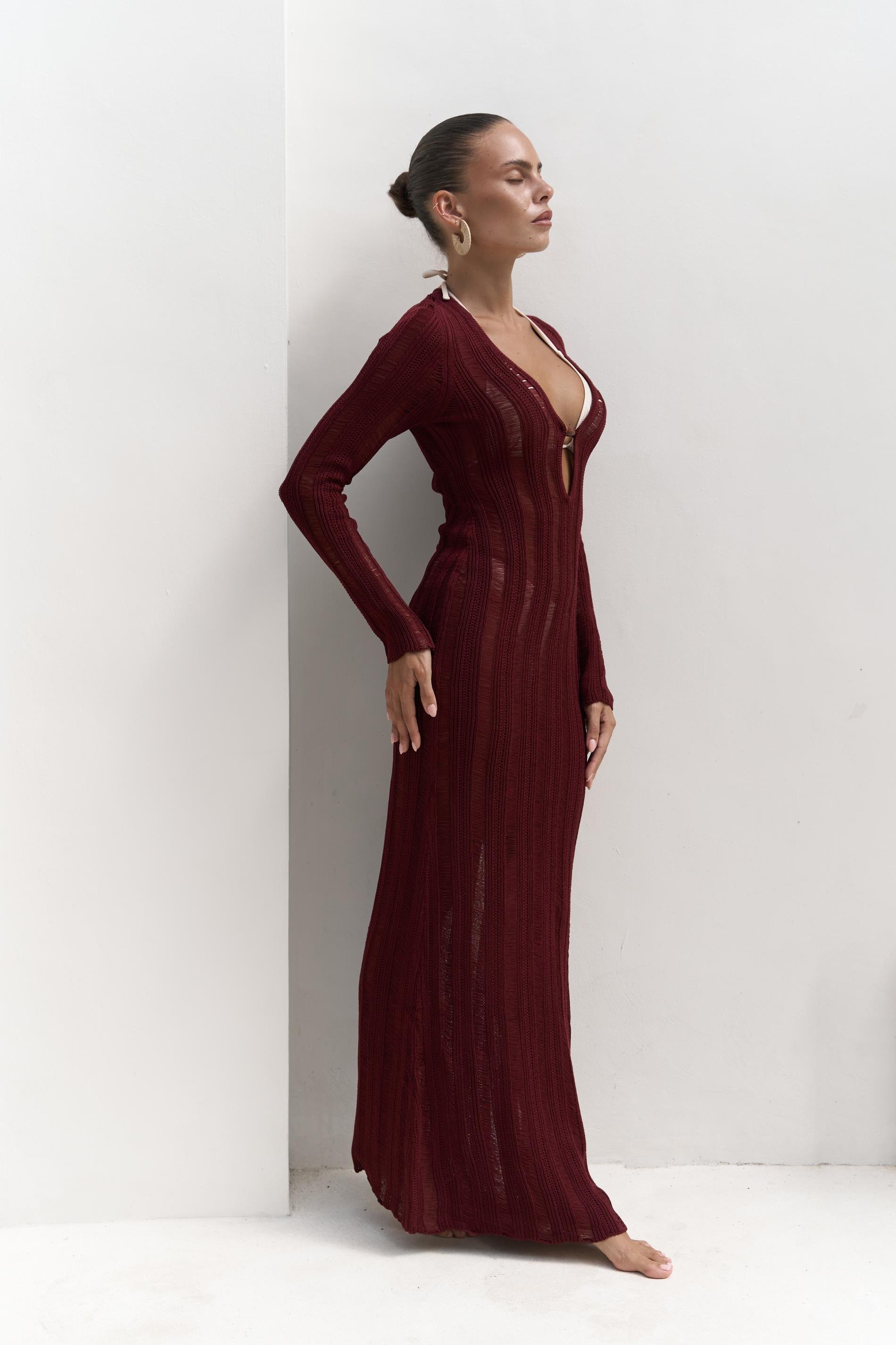 Anandra Boncuk Detay Bordo Triko Uzun Elbise