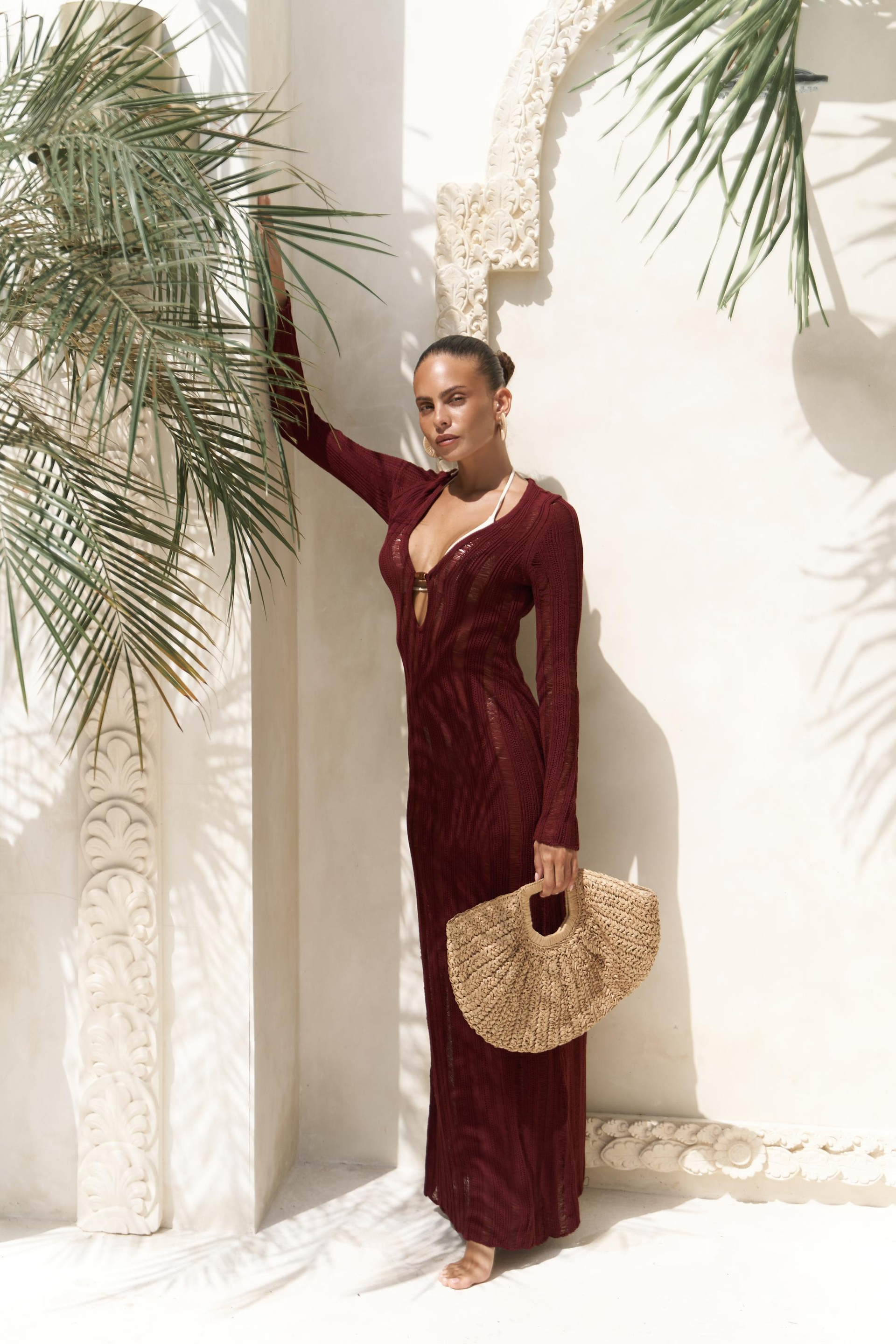 Anandra Boncuk Detay Bordo Triko Uzun Elbise