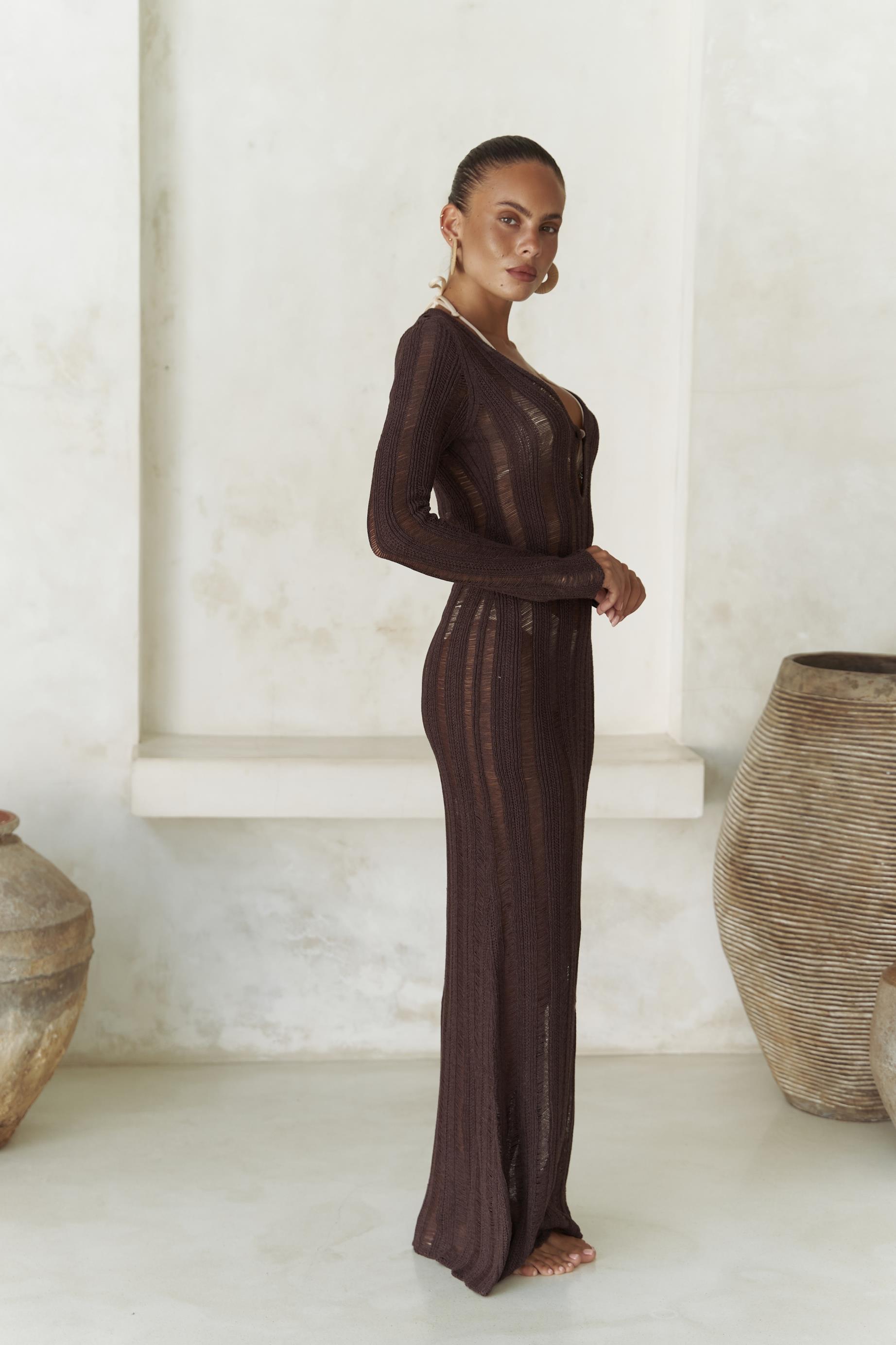 Anandra Boncuk Detay Kahve Triko Uzun Elbise