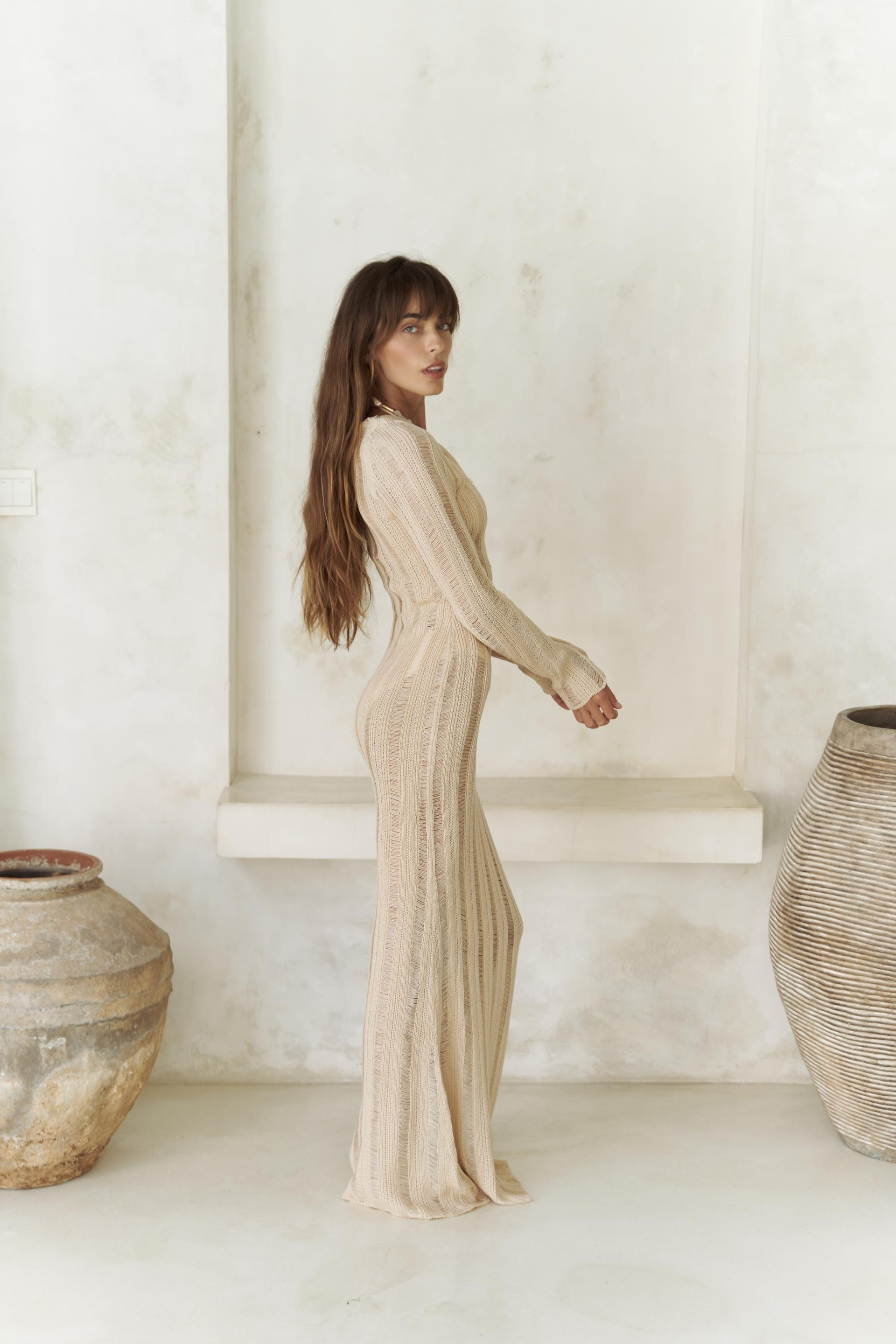 Anandra Boncuk Detay Koyu Bej Triko Uzun Elbise