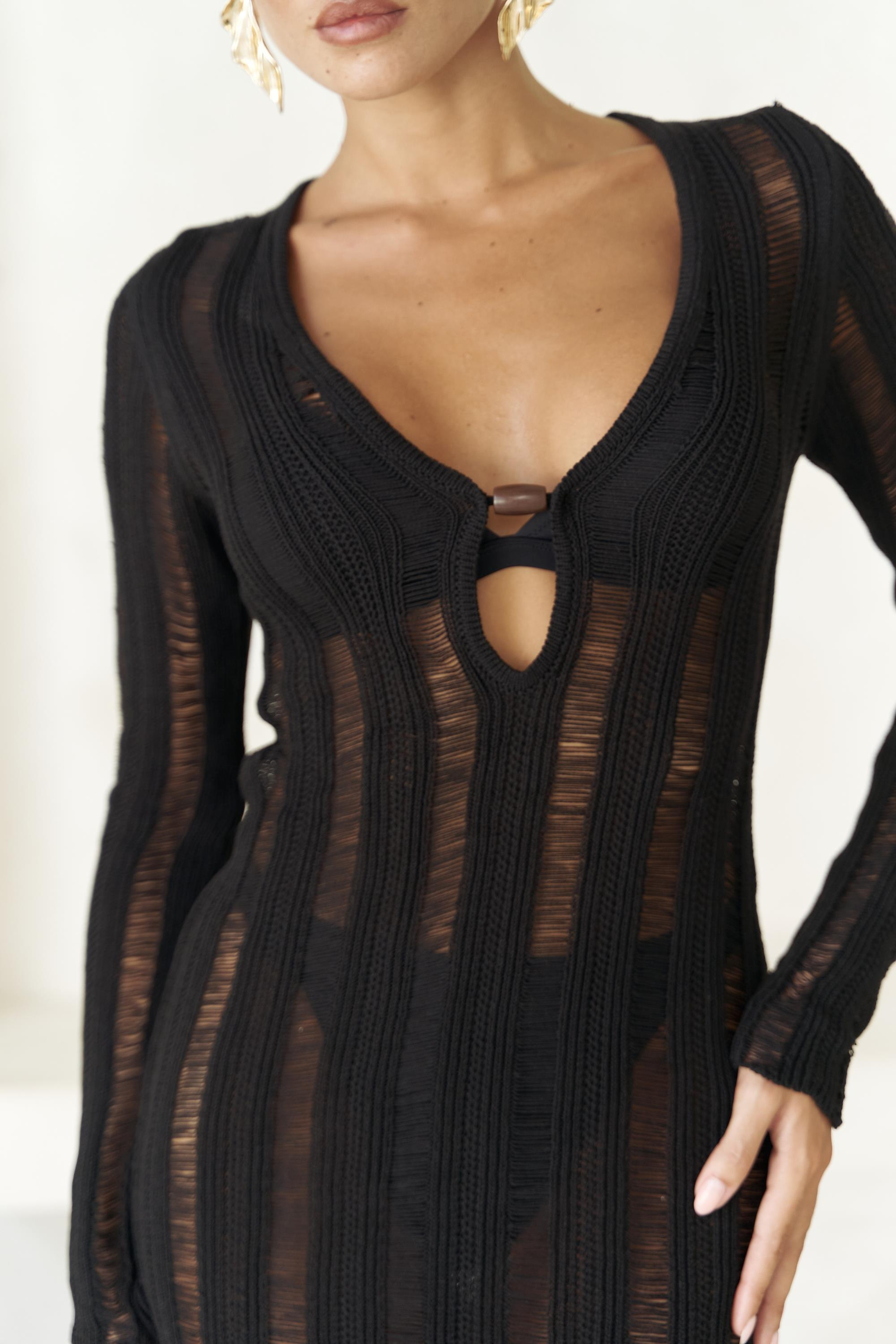 Anandra Boncuk Detay Siyah Triko Uzun Elbise