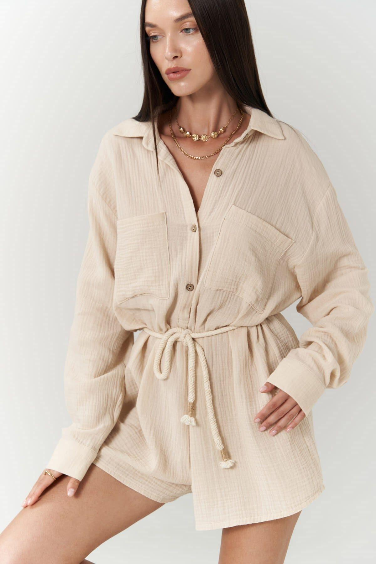 Bohemai Anetta Beige Muslin Short Jumpsuit