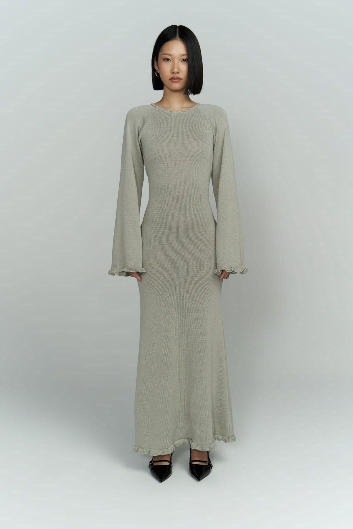 Angela Sırt Dekolteli Gri Triko Elbise