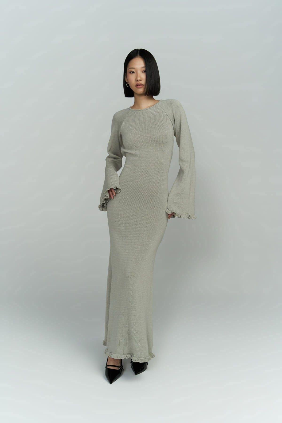 Angela Sırt Dekolteli Gri Triko Elbise