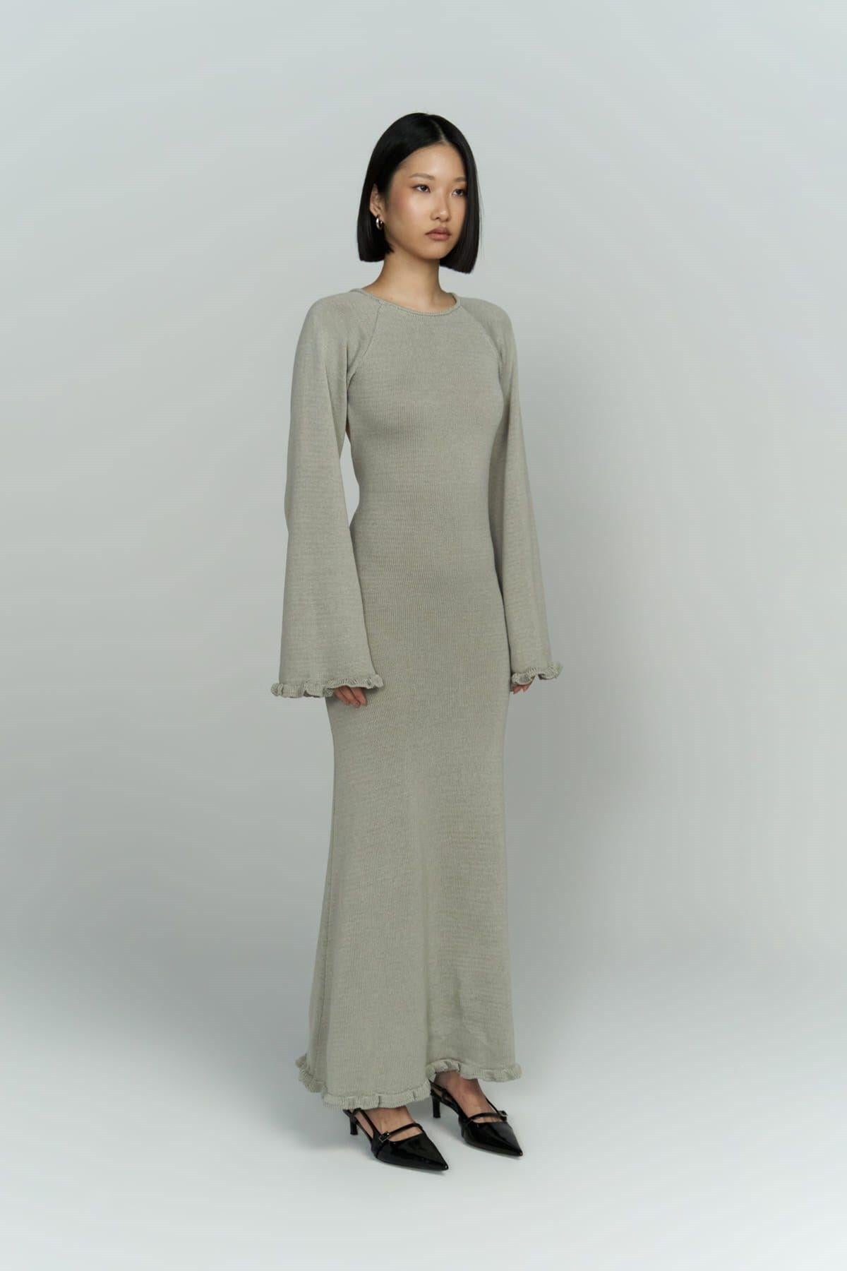 Angela Sırt Dekolteli Gri Triko Elbise