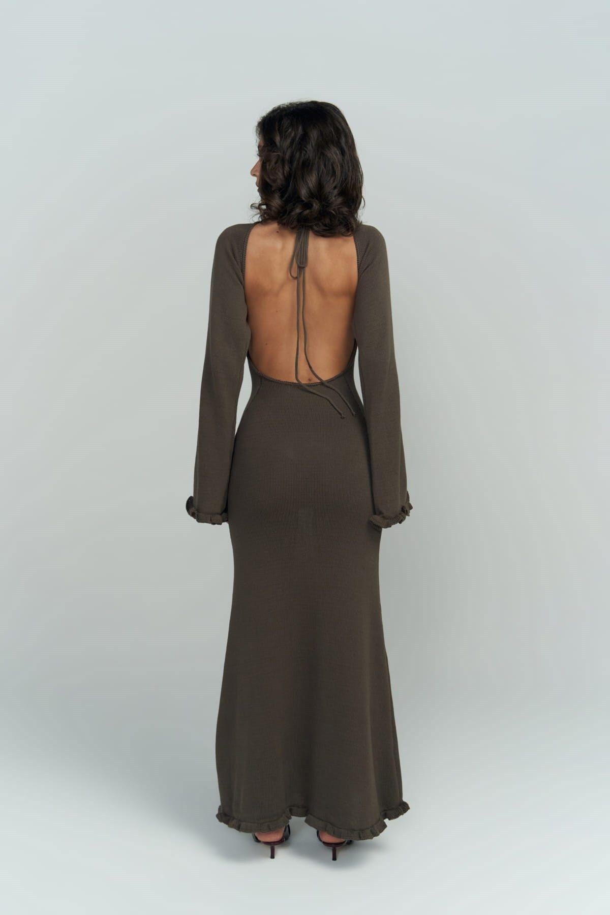 Angela Sırt Dekolteli Kahve Triko Elbise