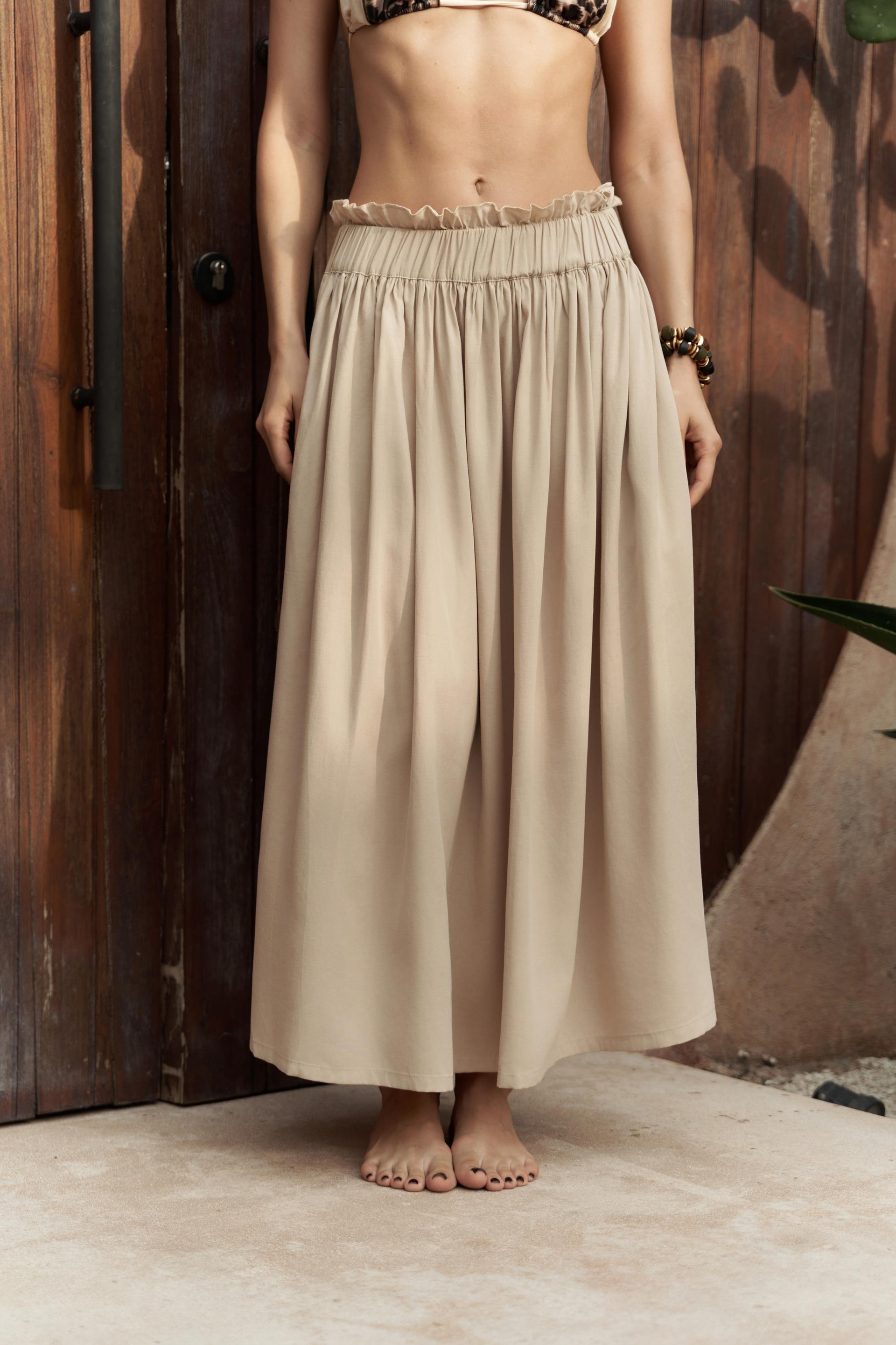 Aninas Lastik Bel Detay Bej Midi Etek