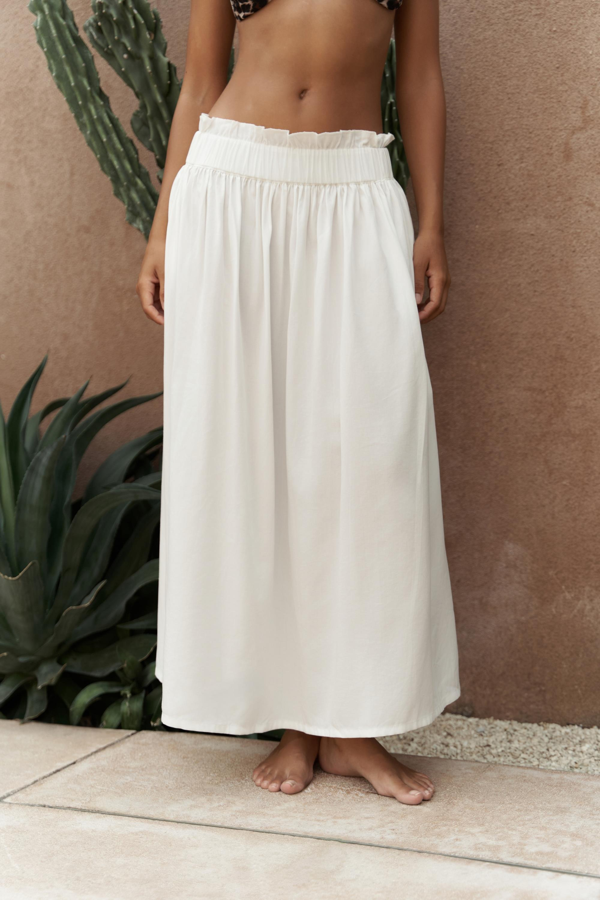 Aninas Lastik Bel Detay Ekru Midi Etek