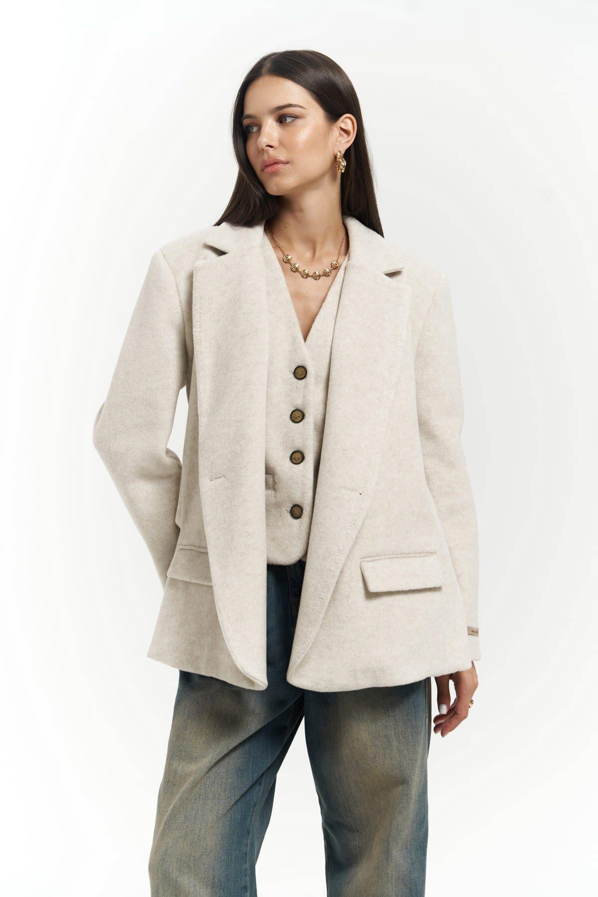 Armonia Beige Blazer with Slit Detail 