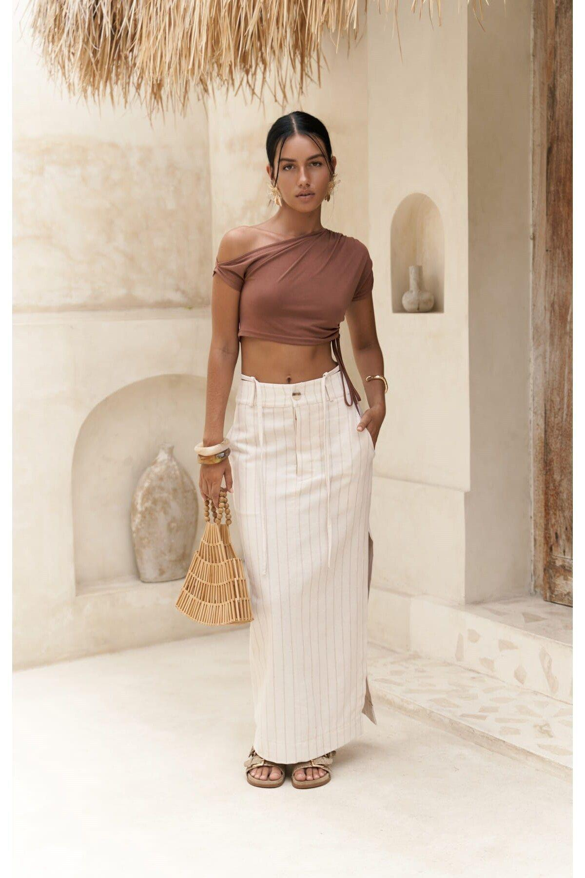 Arya Beige Striped Beige Skirt