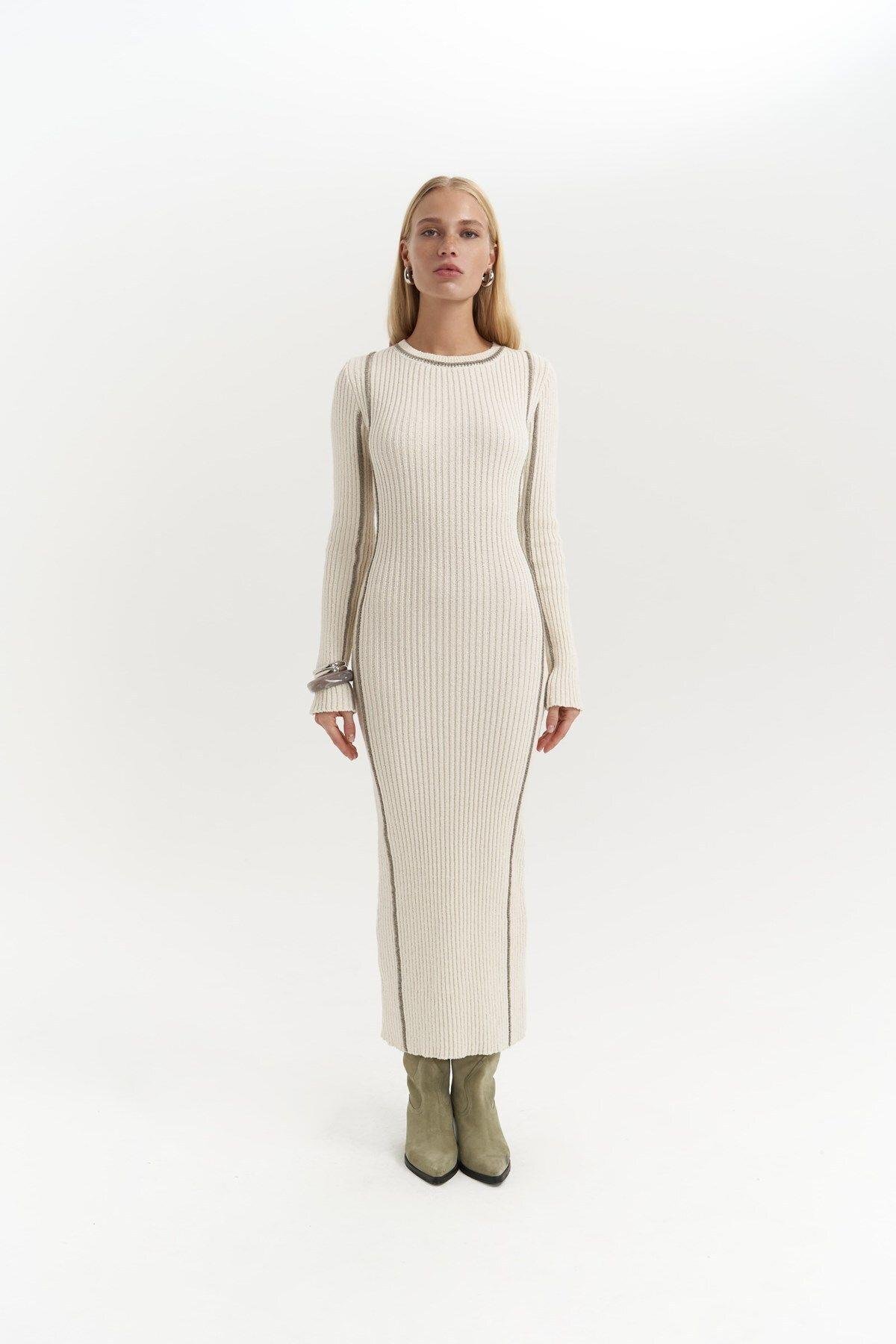 Aston Beige Knit Dress with Contrast Trims
