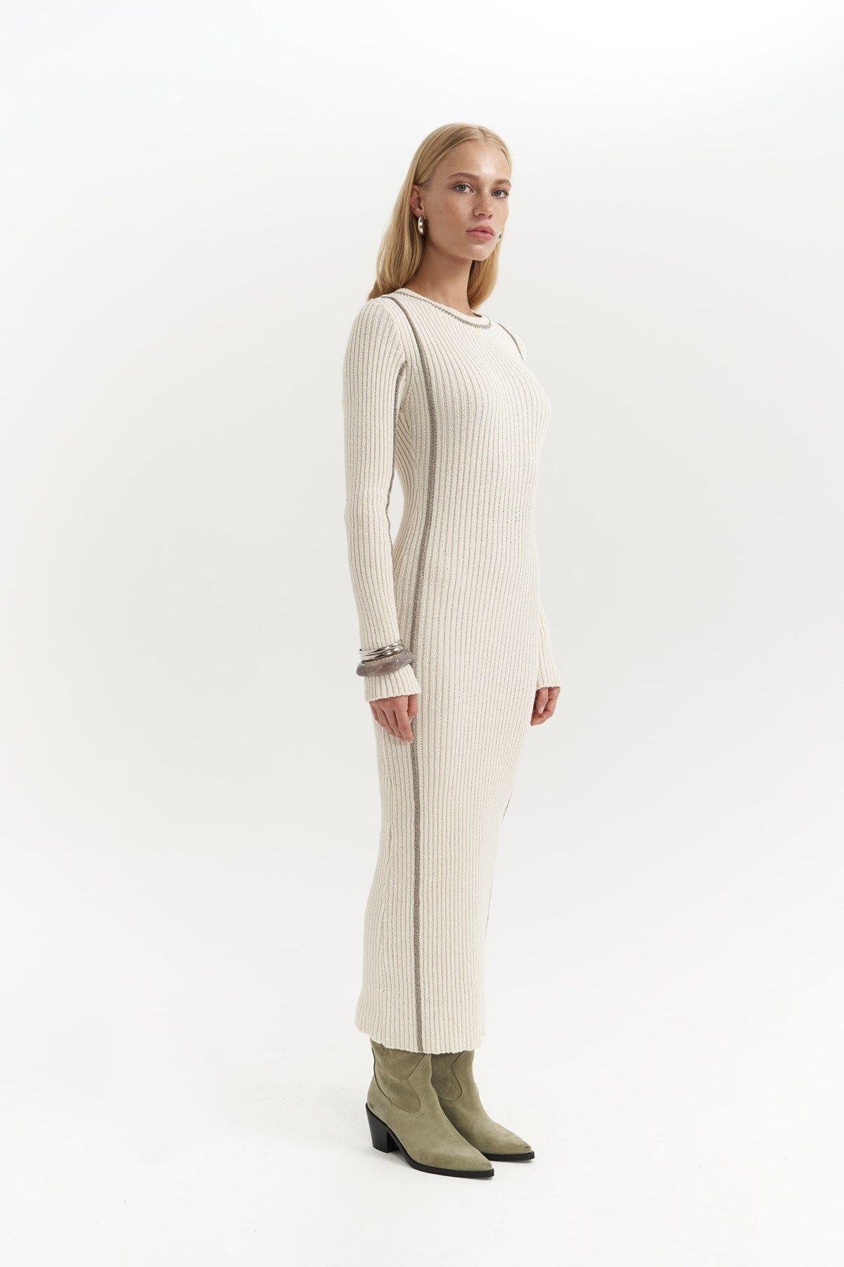 Aston Beige Knit Dress with Contrast Trims