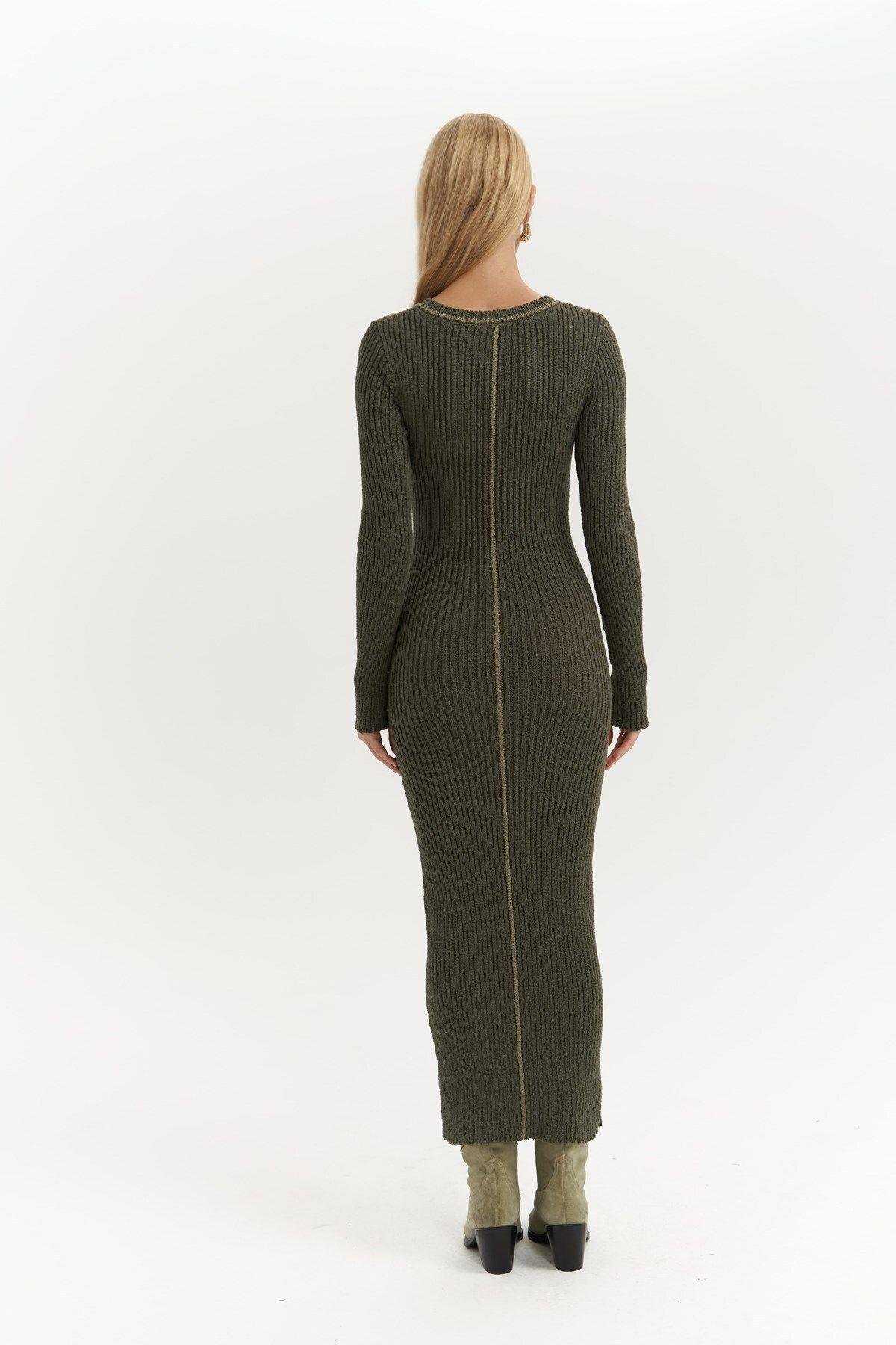 Aston Khaki Knit Dress with Contrast Trims