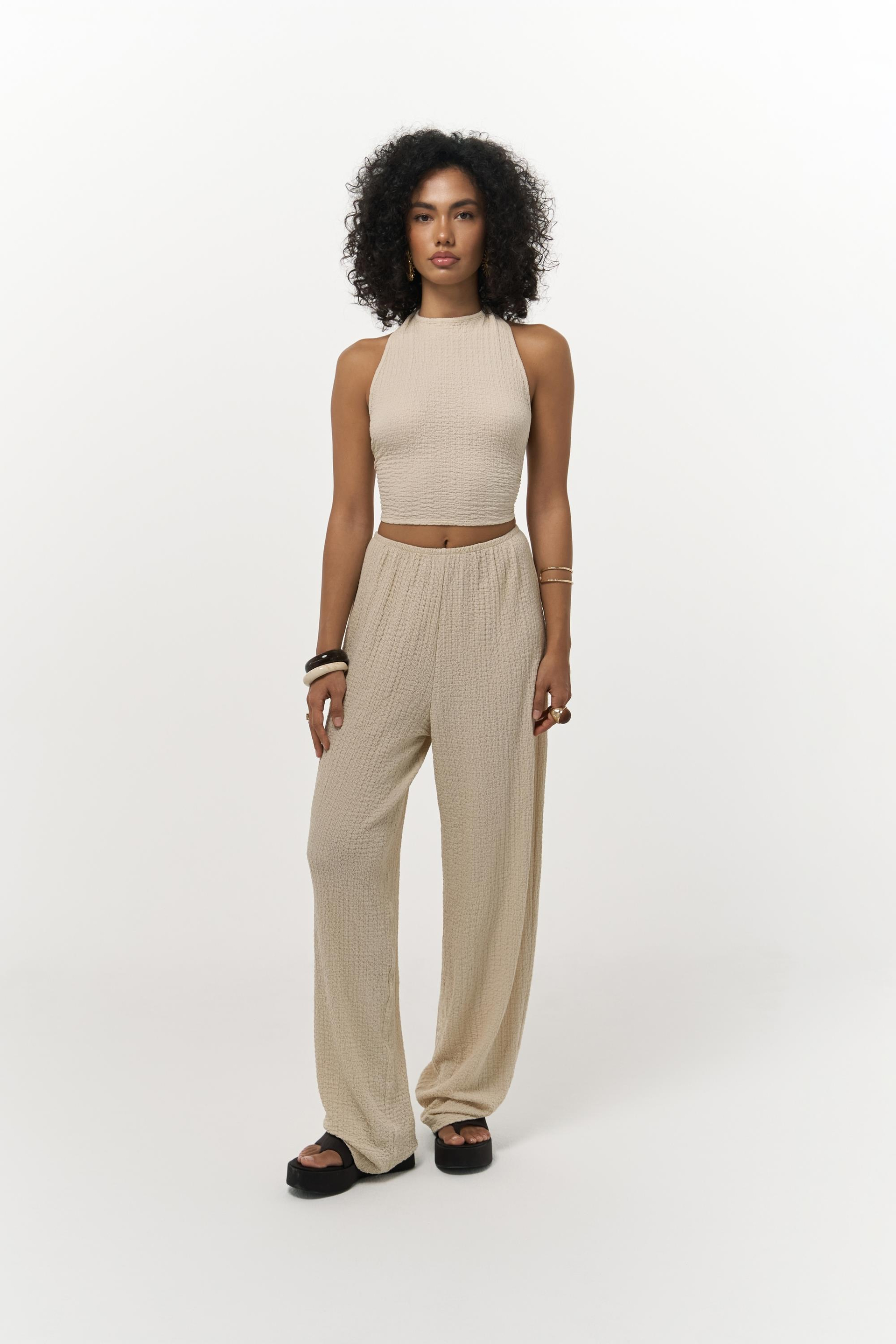 Ayshe Bağlamalı Bej Crop Pantolon Takım