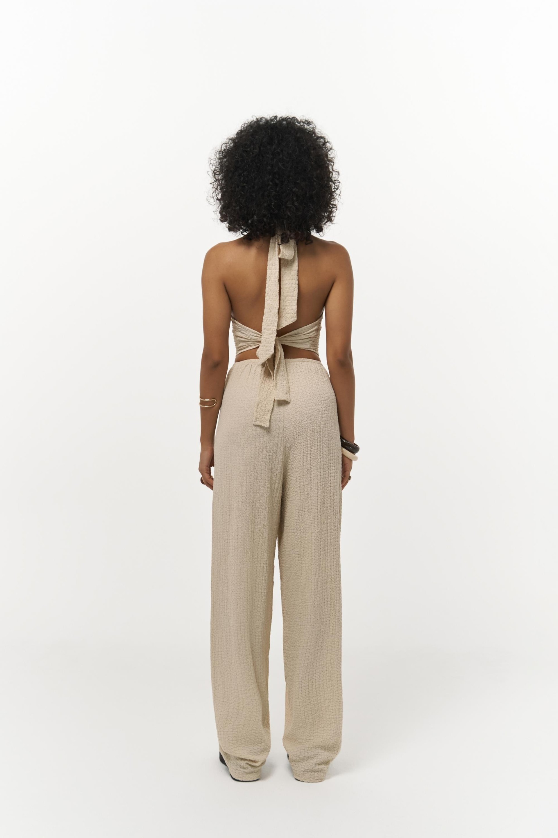 Ayshe Bağlamalı Bej Crop Pantolon Takım