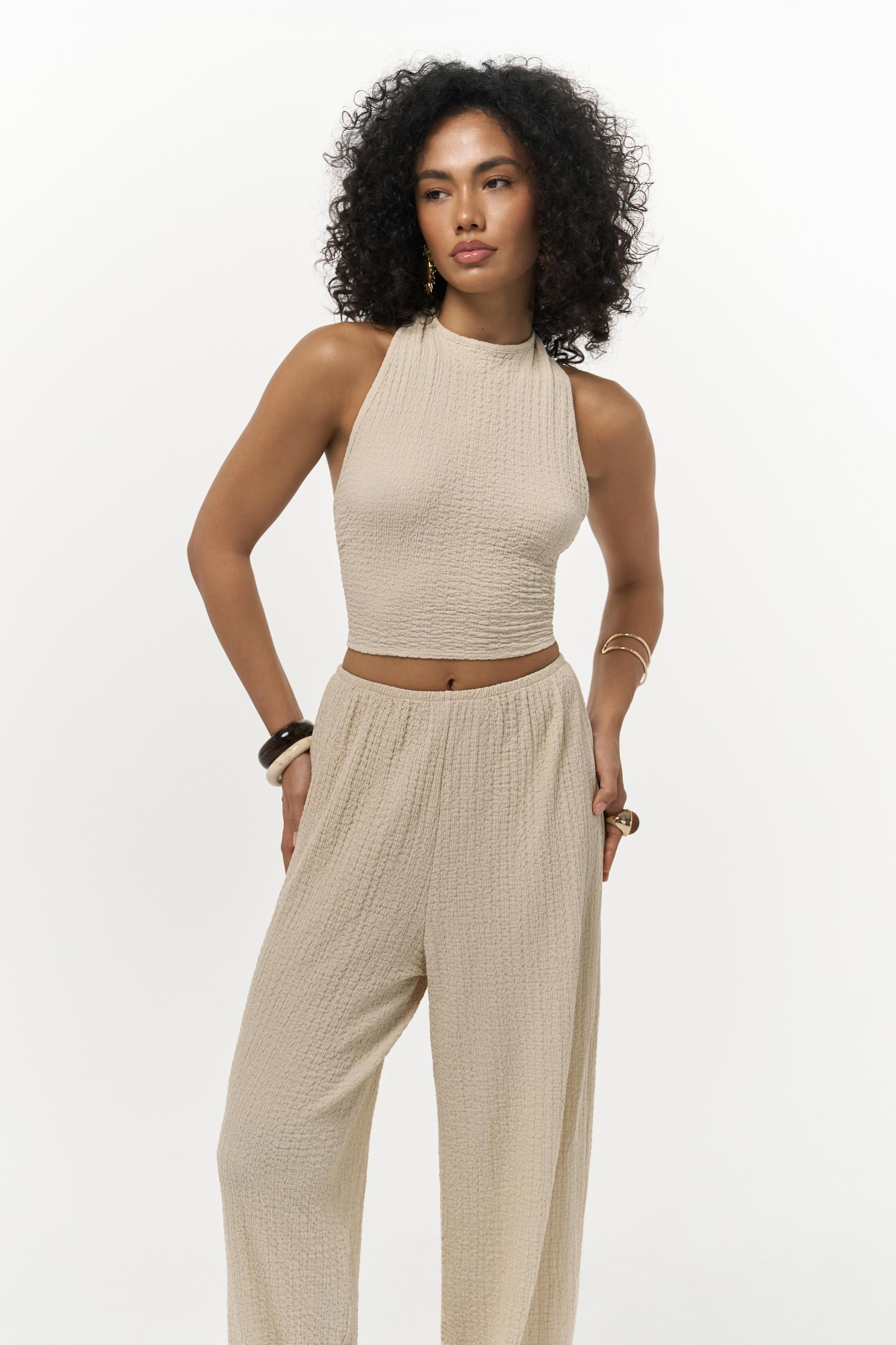 Ayshe Bağlamalı Bej Crop Pantolon Takım