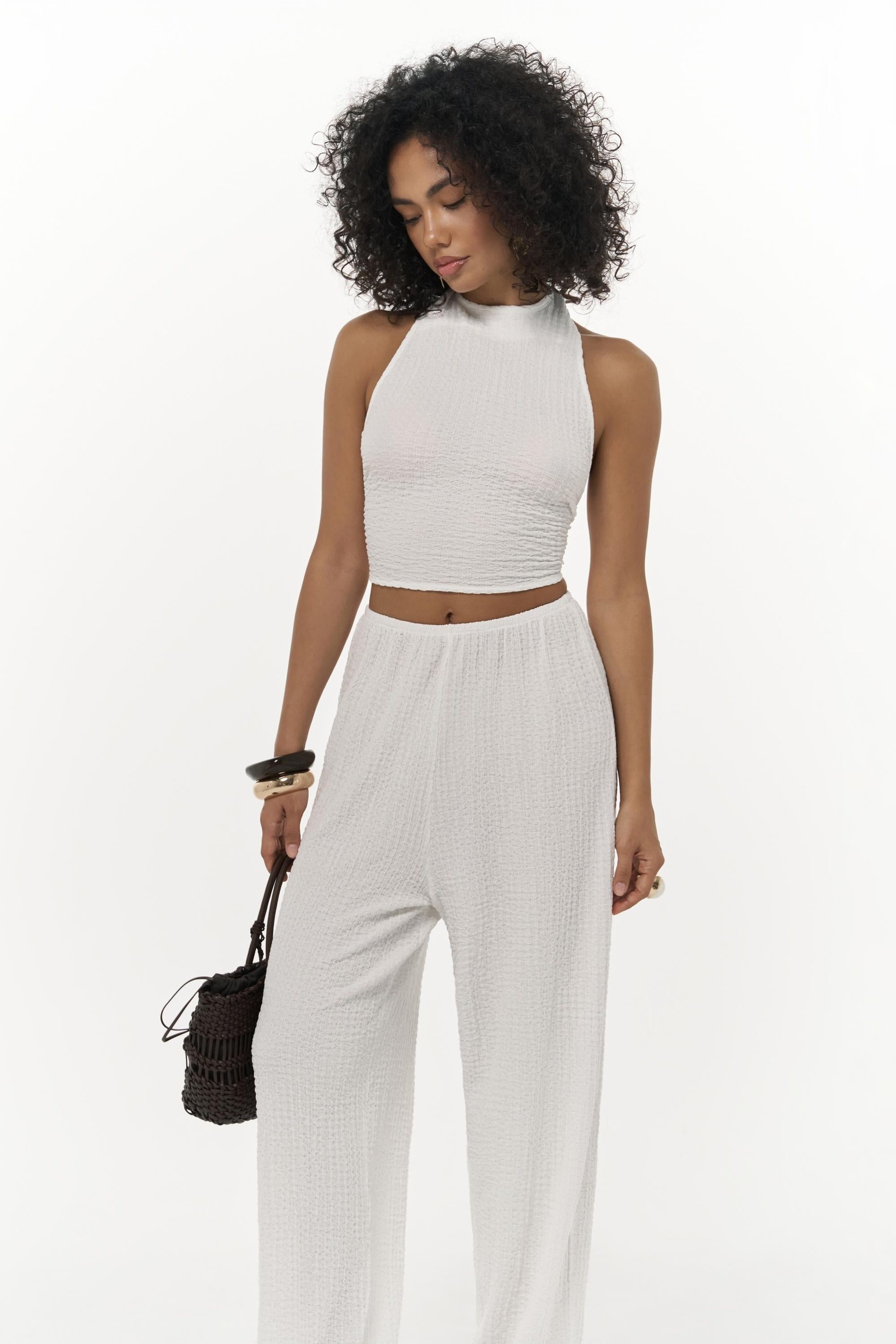 Ayshe Bağlamalı Ekru Crop Pantolon Takım