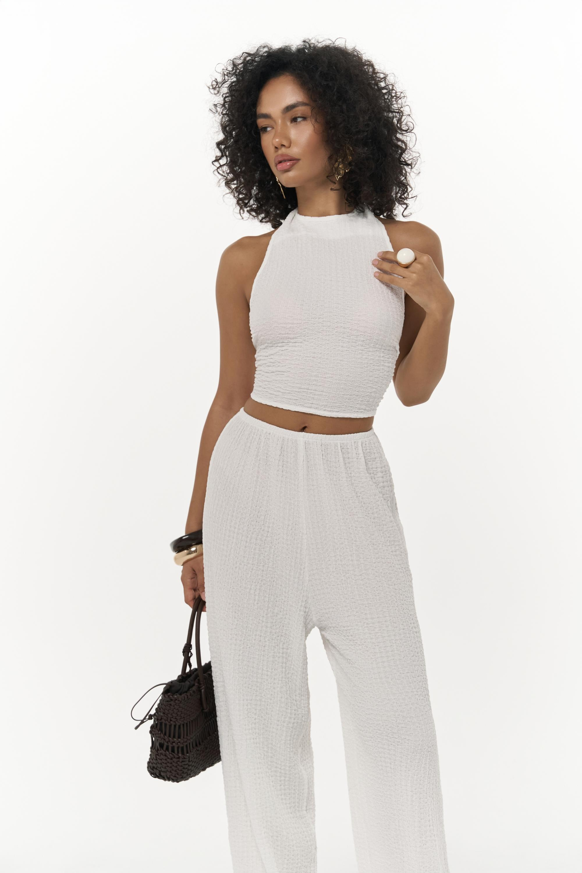 Ayshe Bağlamalı Ekru Crop Pantolon Takım