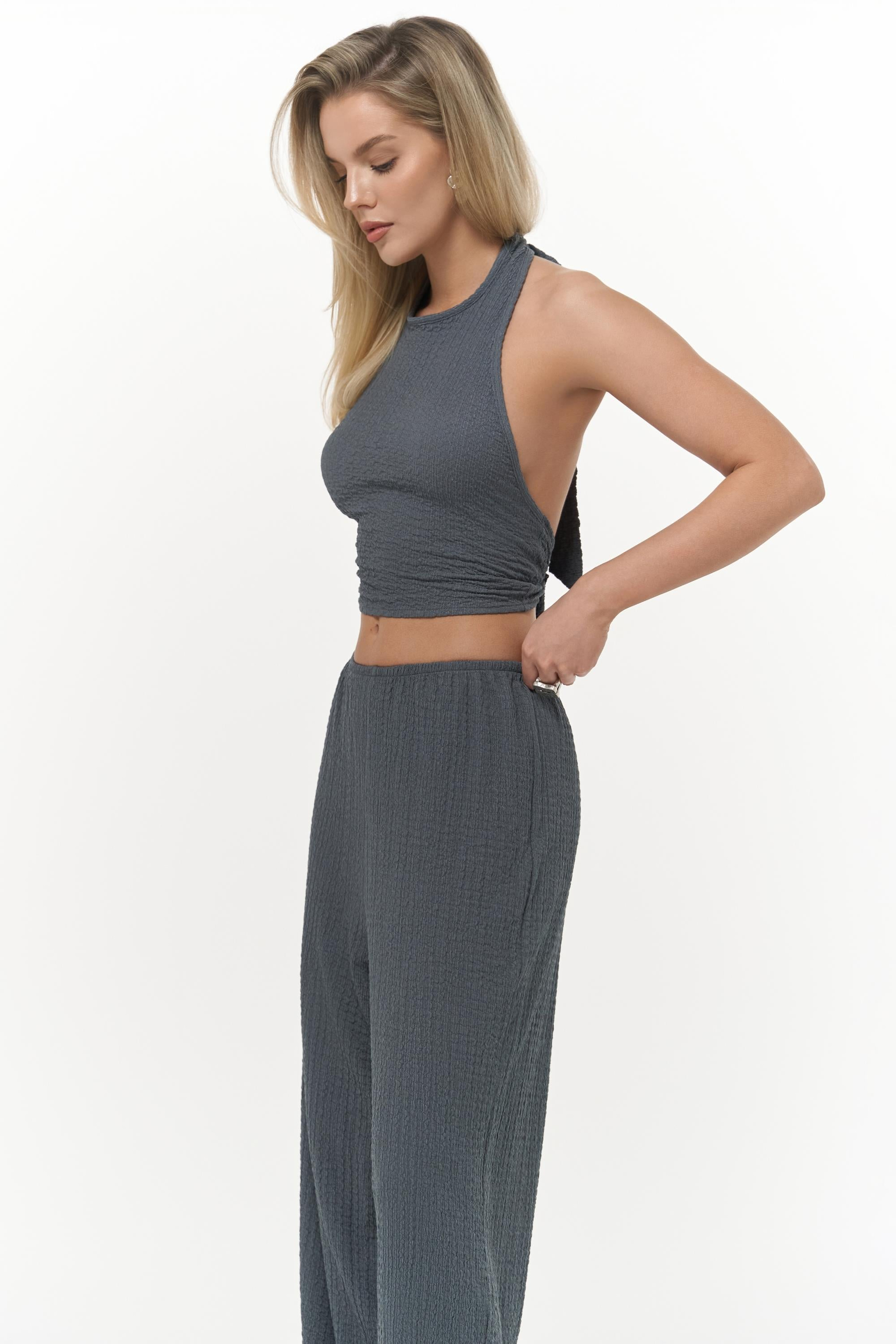 Ayshe Bağlamalı Füme Crop Pantolon Takım