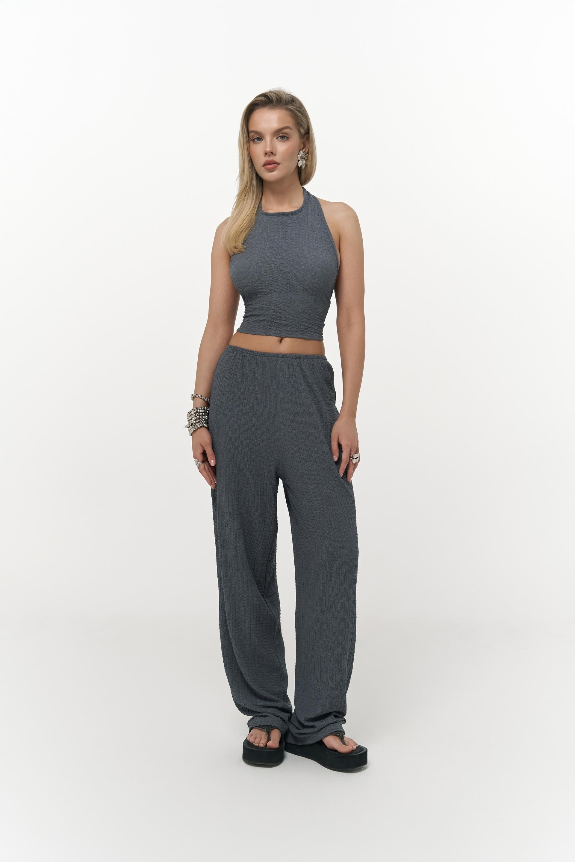 Ayshe Bağlamalı Füme Crop Pantolon Takım