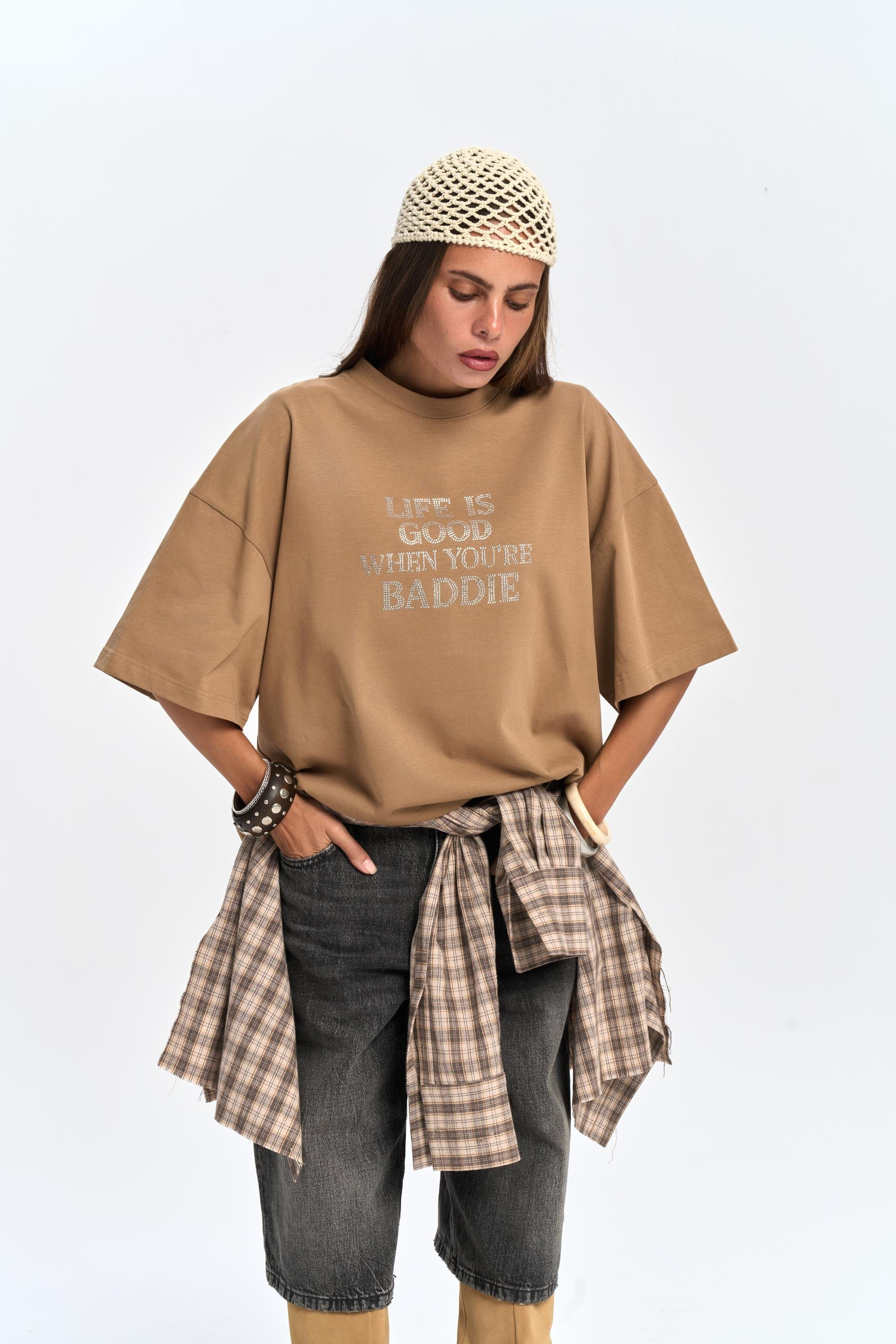 Baddie Oversize Açık Haki T-Shirt