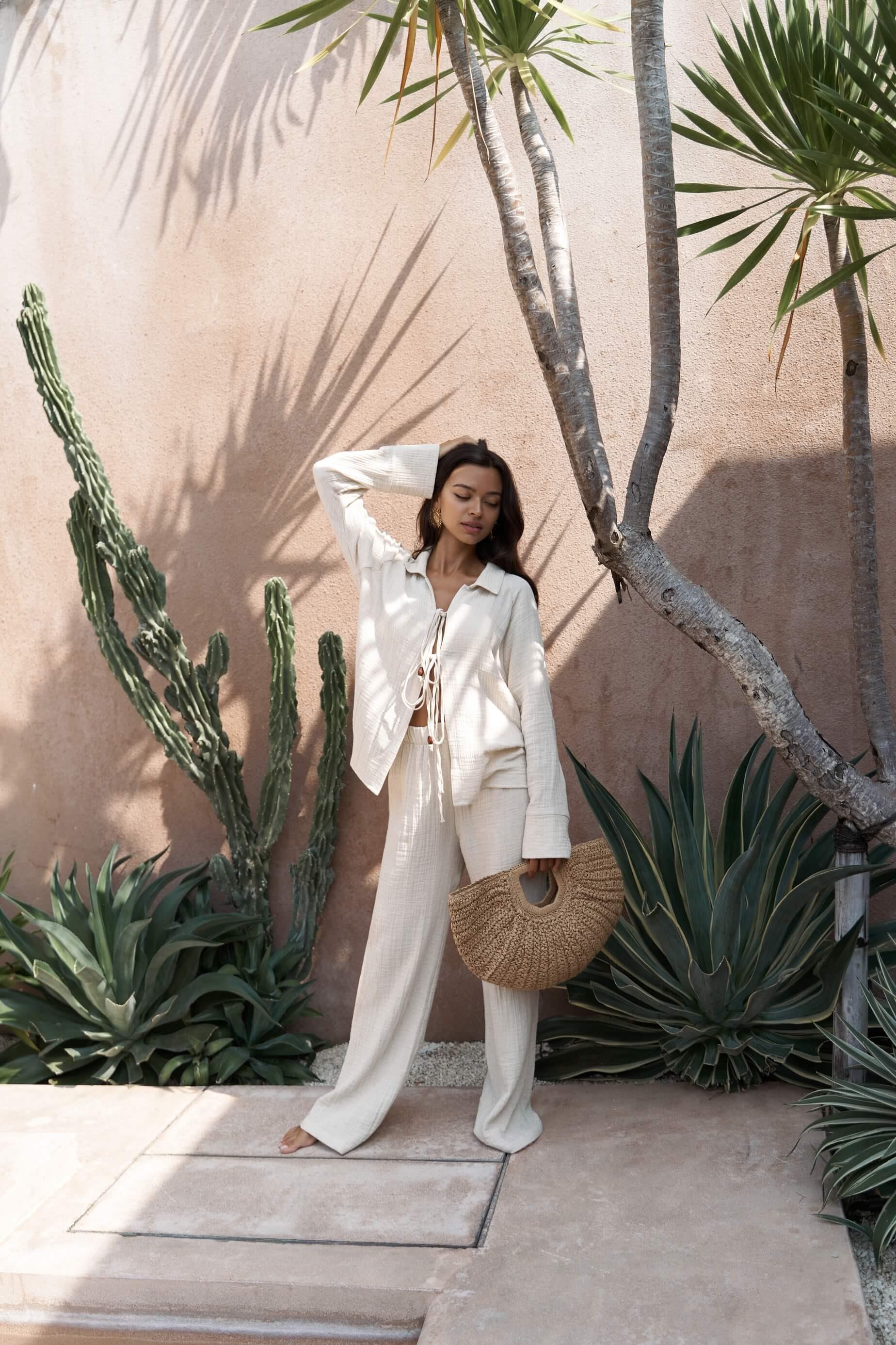 Bali Boncuklu Bej Müslin Takım 