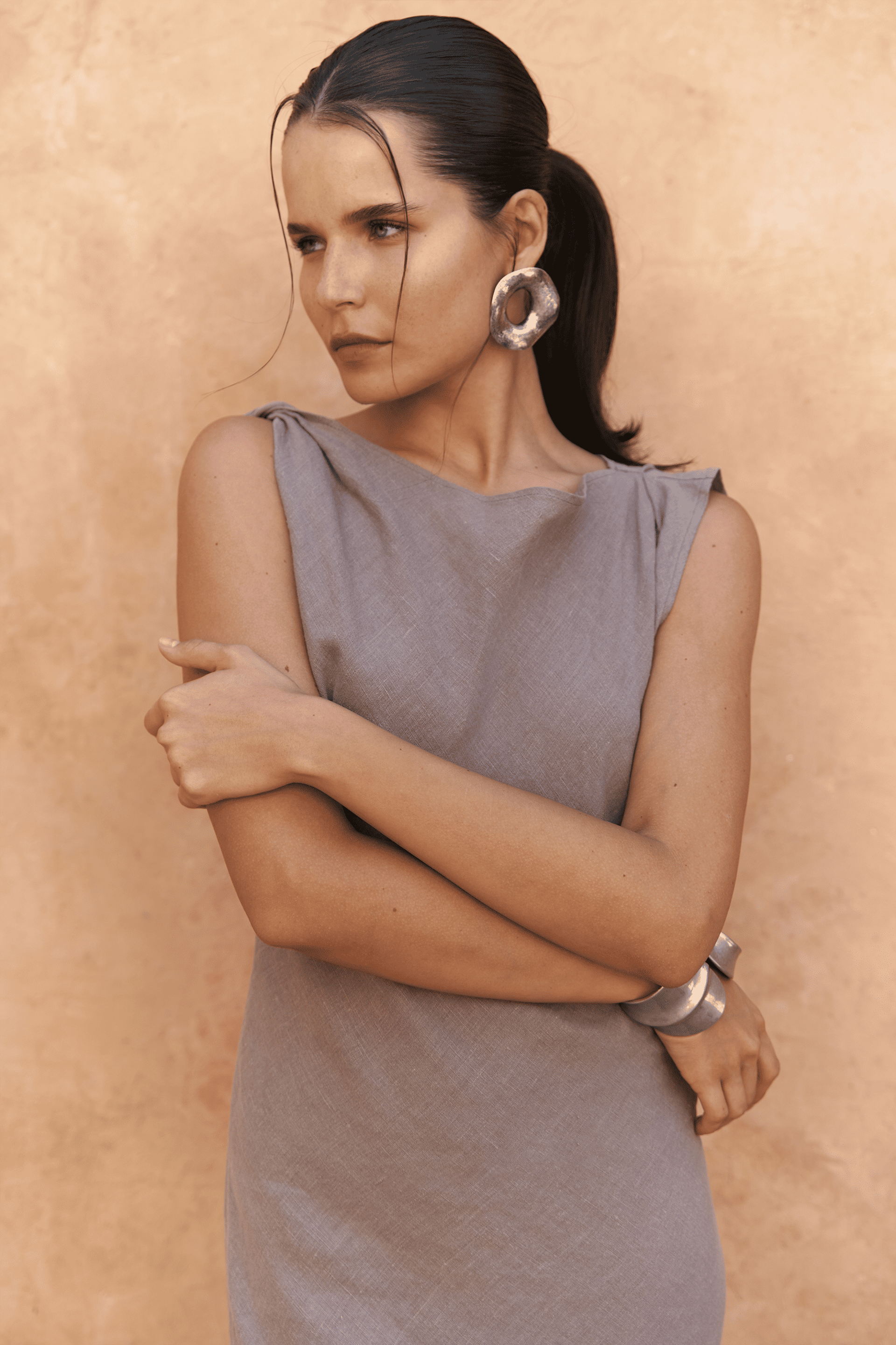 Barabla Kolsuz Uzun Füme Keten Elbise