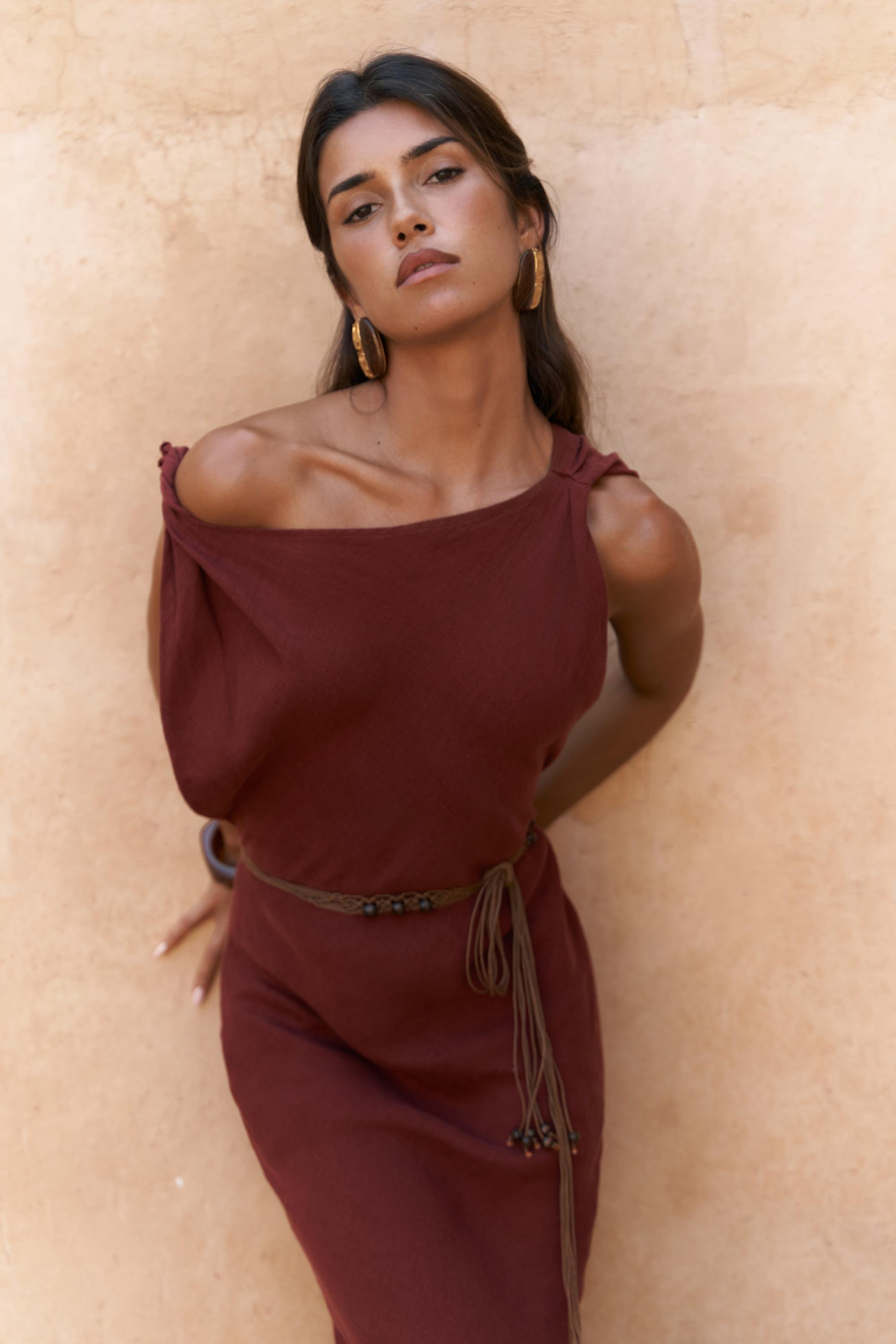 Barabla Kolsuz Uzun Kiremit Keten Elbise