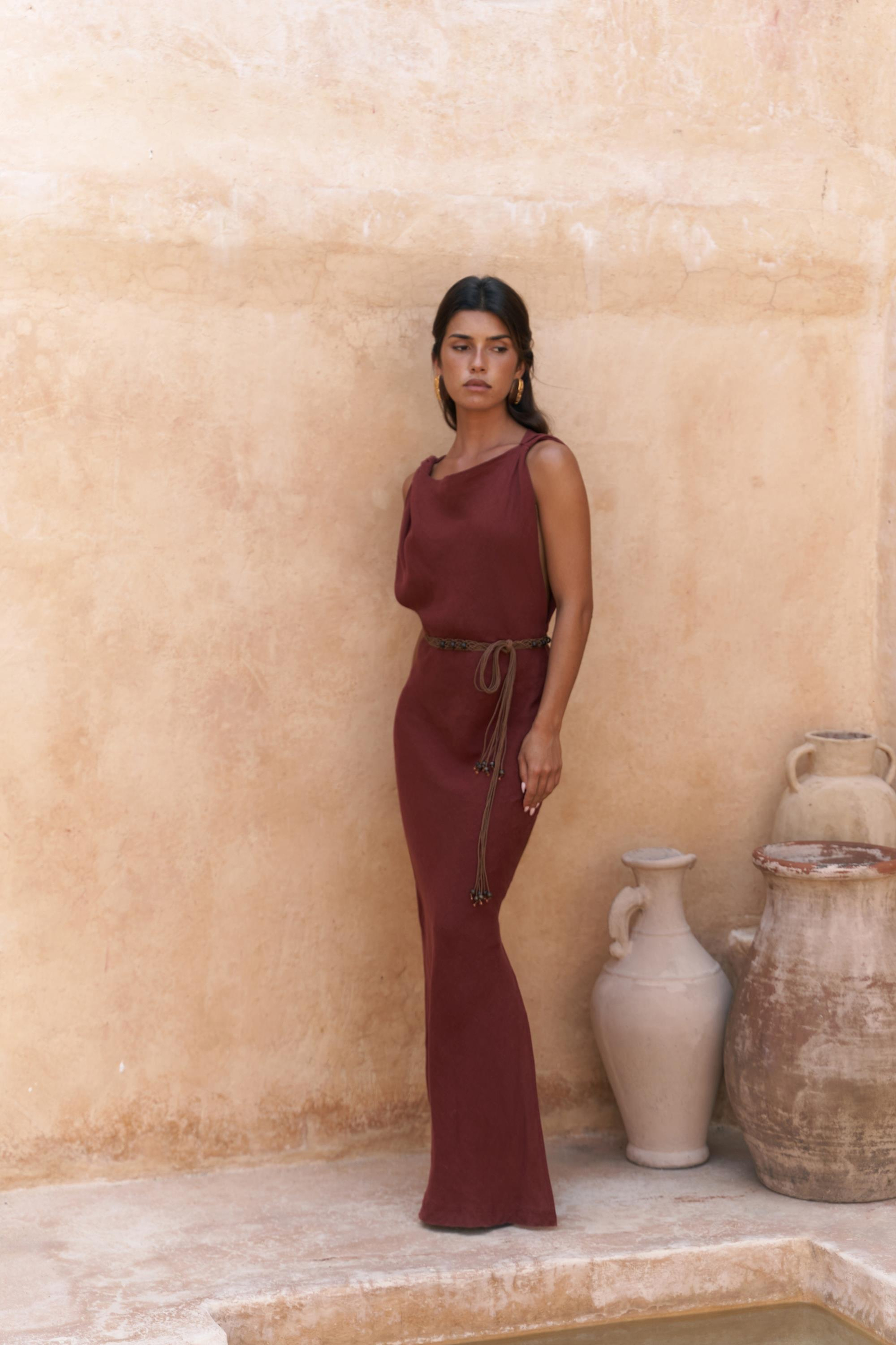 Barabla Kolsuz Uzun Kiremit Keten Elbise