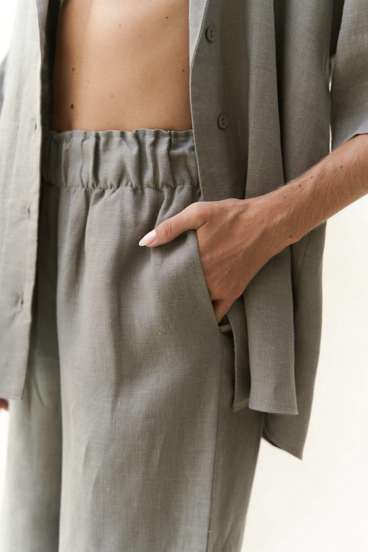 Baron Füme Keten Gömlek Pantolon Takım