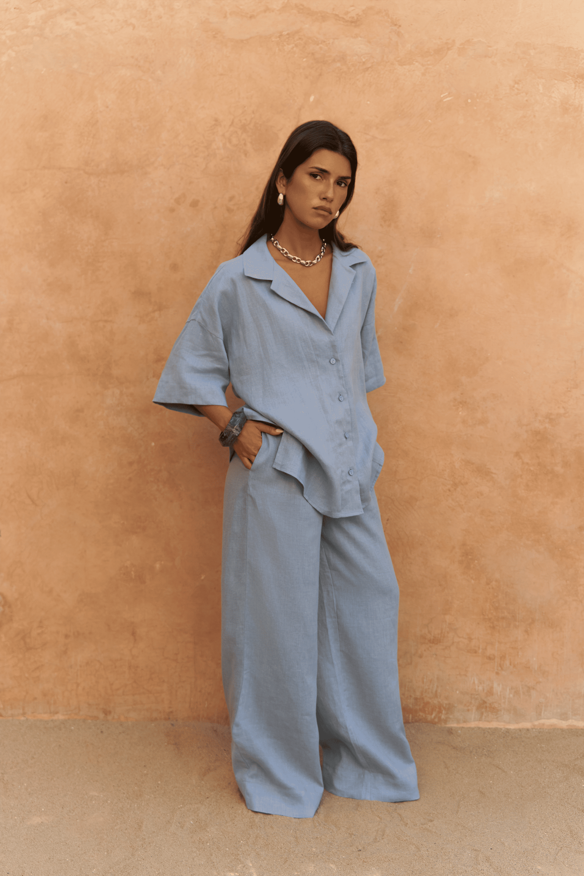 Baron Mavi Keten Gömlek Pantolon Takım