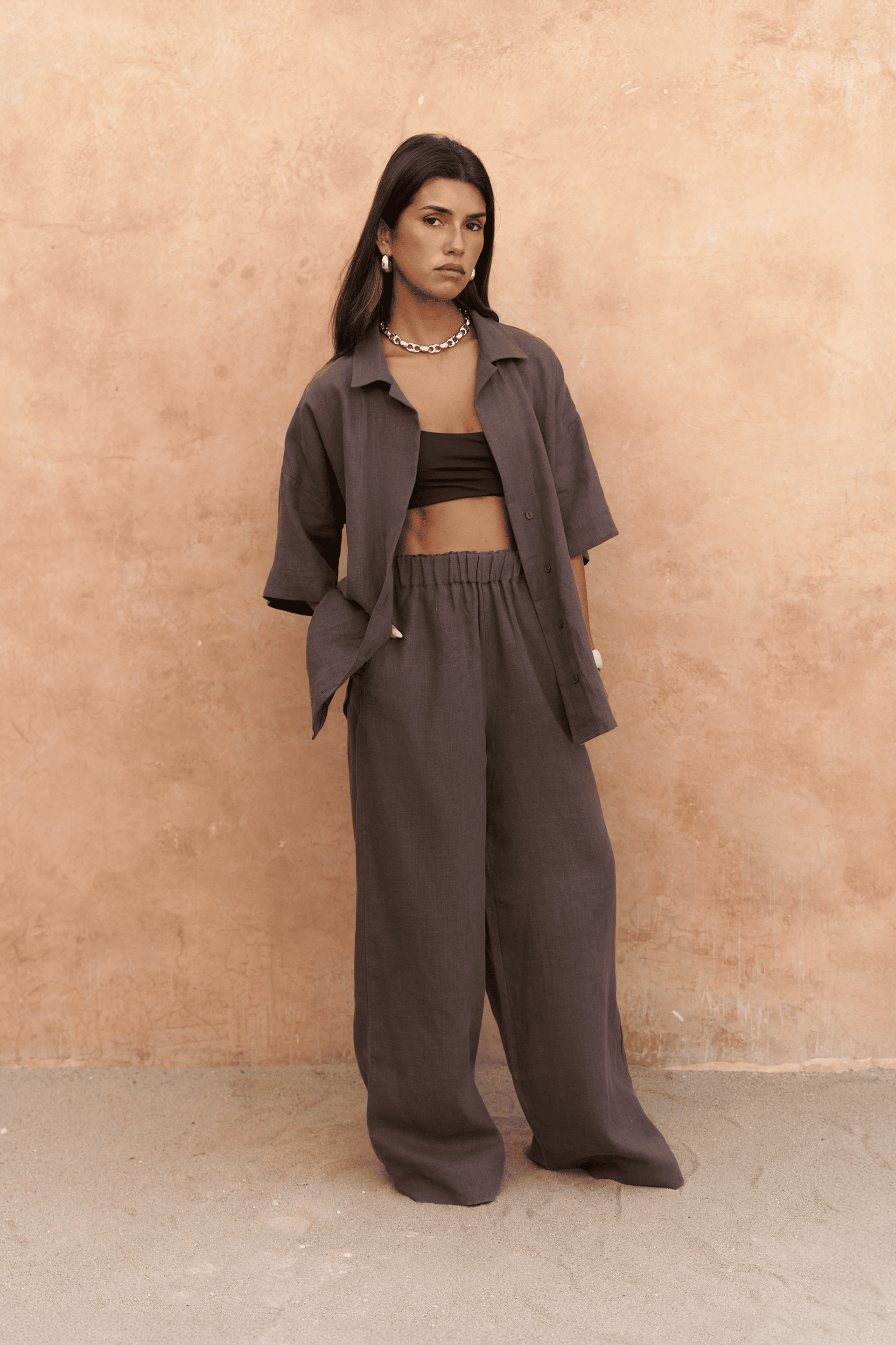 Baron Soft Kahve Keten Gömlek Pantolon Takım