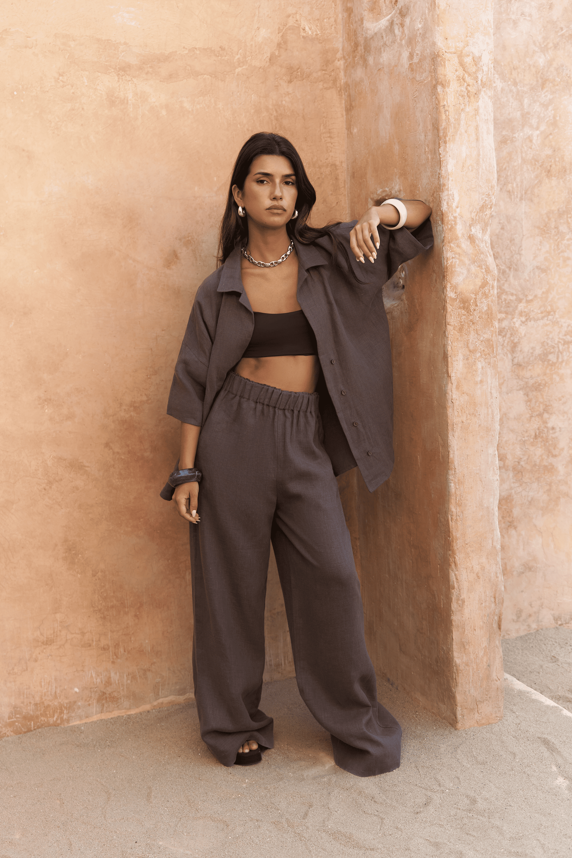 Baron Soft Kahve Keten Gömlek Pantolon Takım