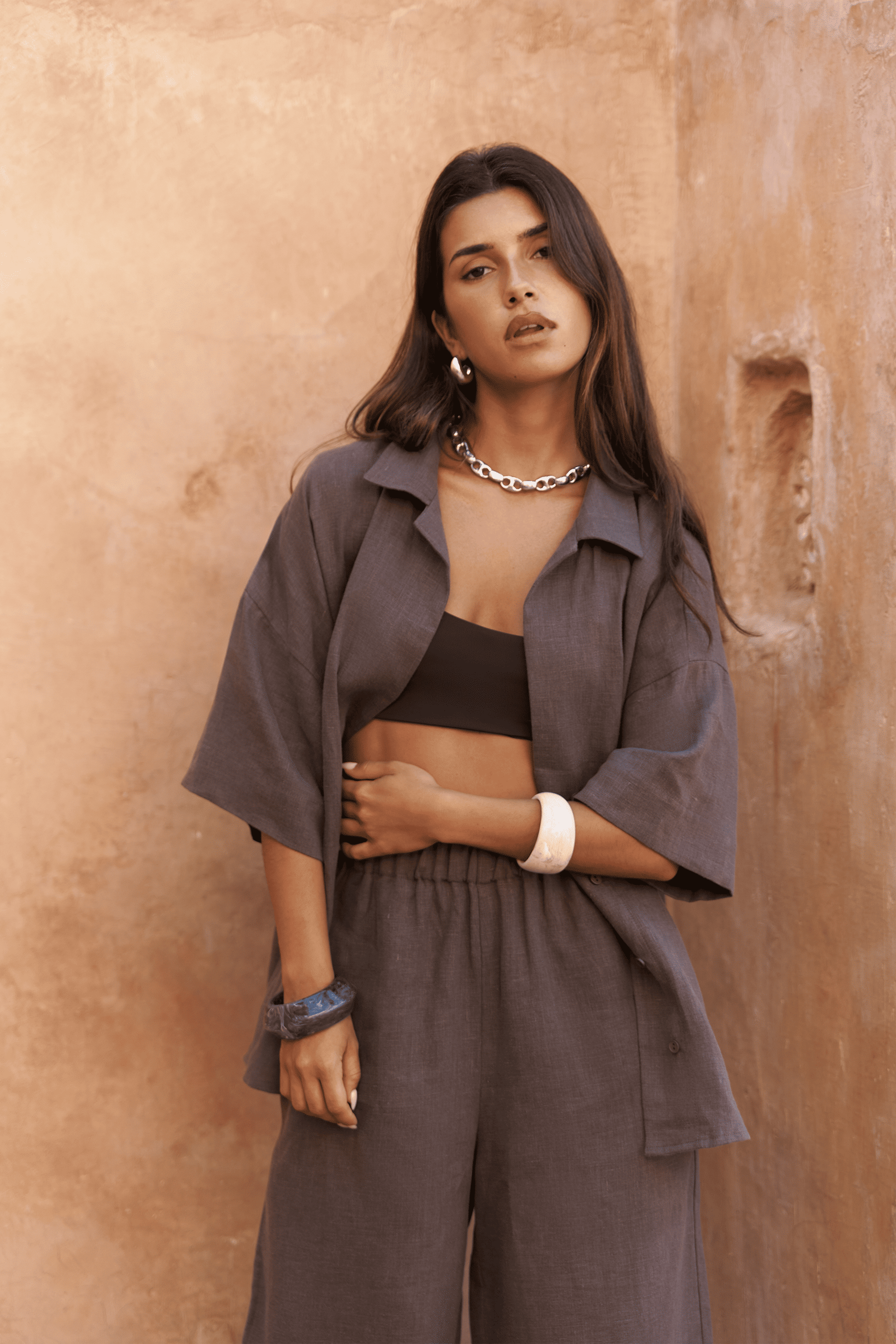 Baron Soft Kahve Keten Gömlek Pantolon Takım