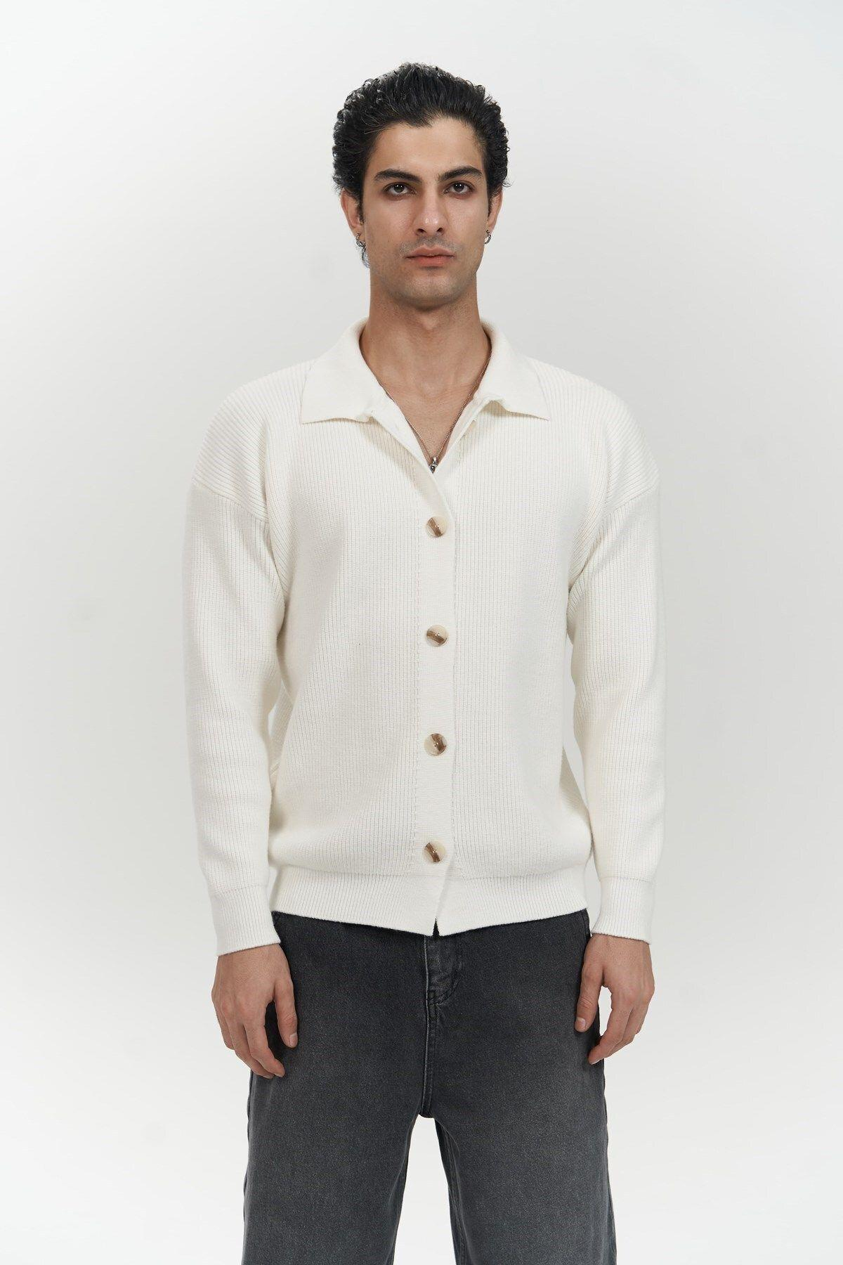 Bastian Men's Ecru Knit Cardigan with Button Detail