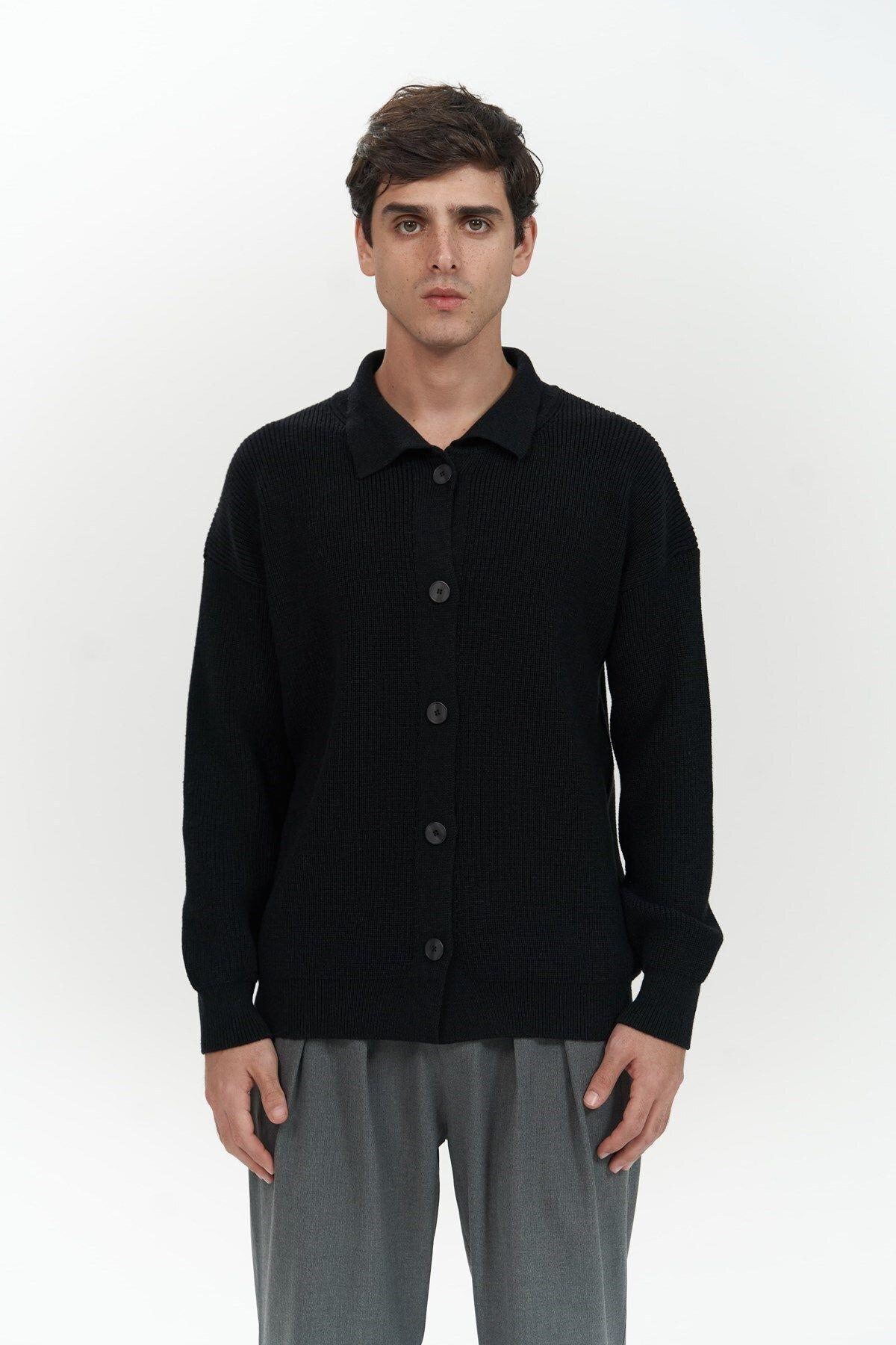 Bastian Men's Black Knit Cardigan with Button Detail