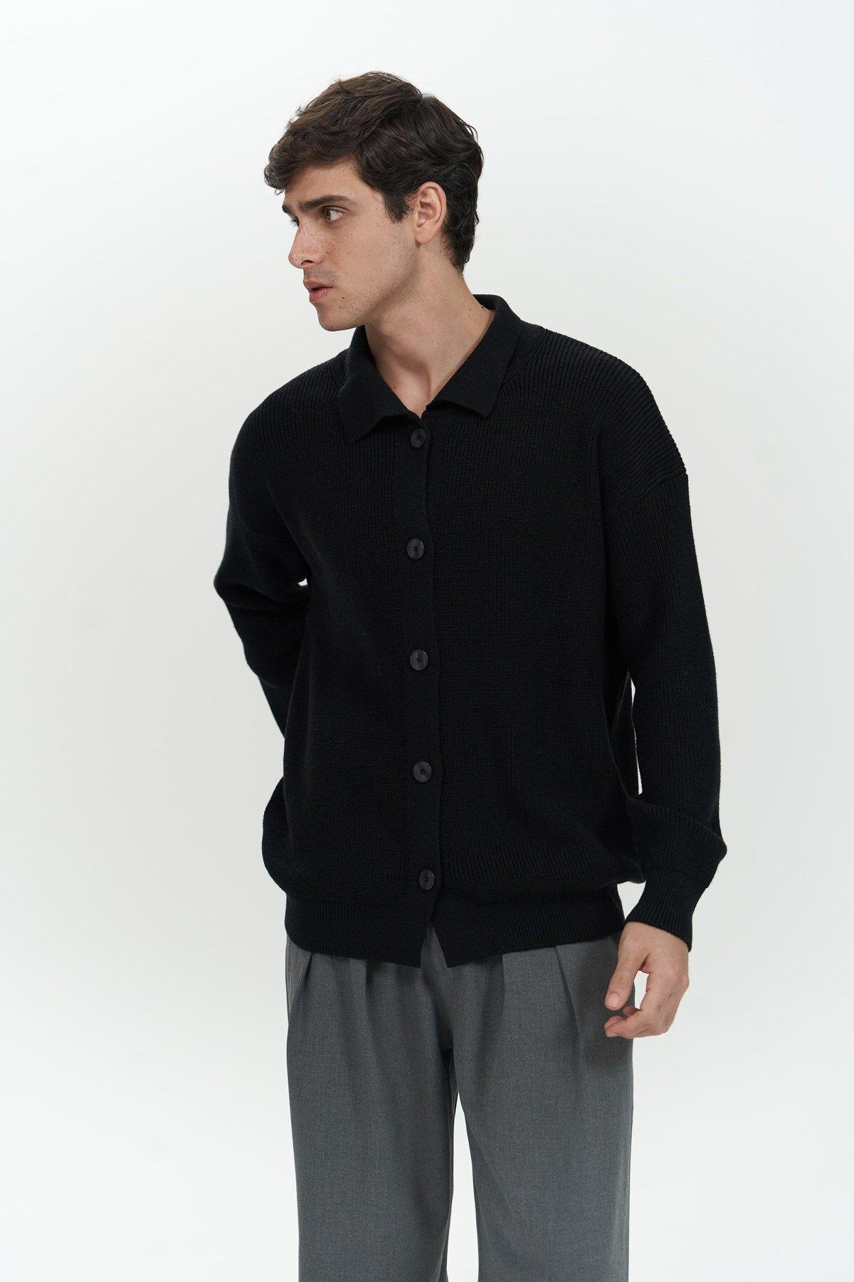Bastian Men's Black Knit Cardigan with Button Detail