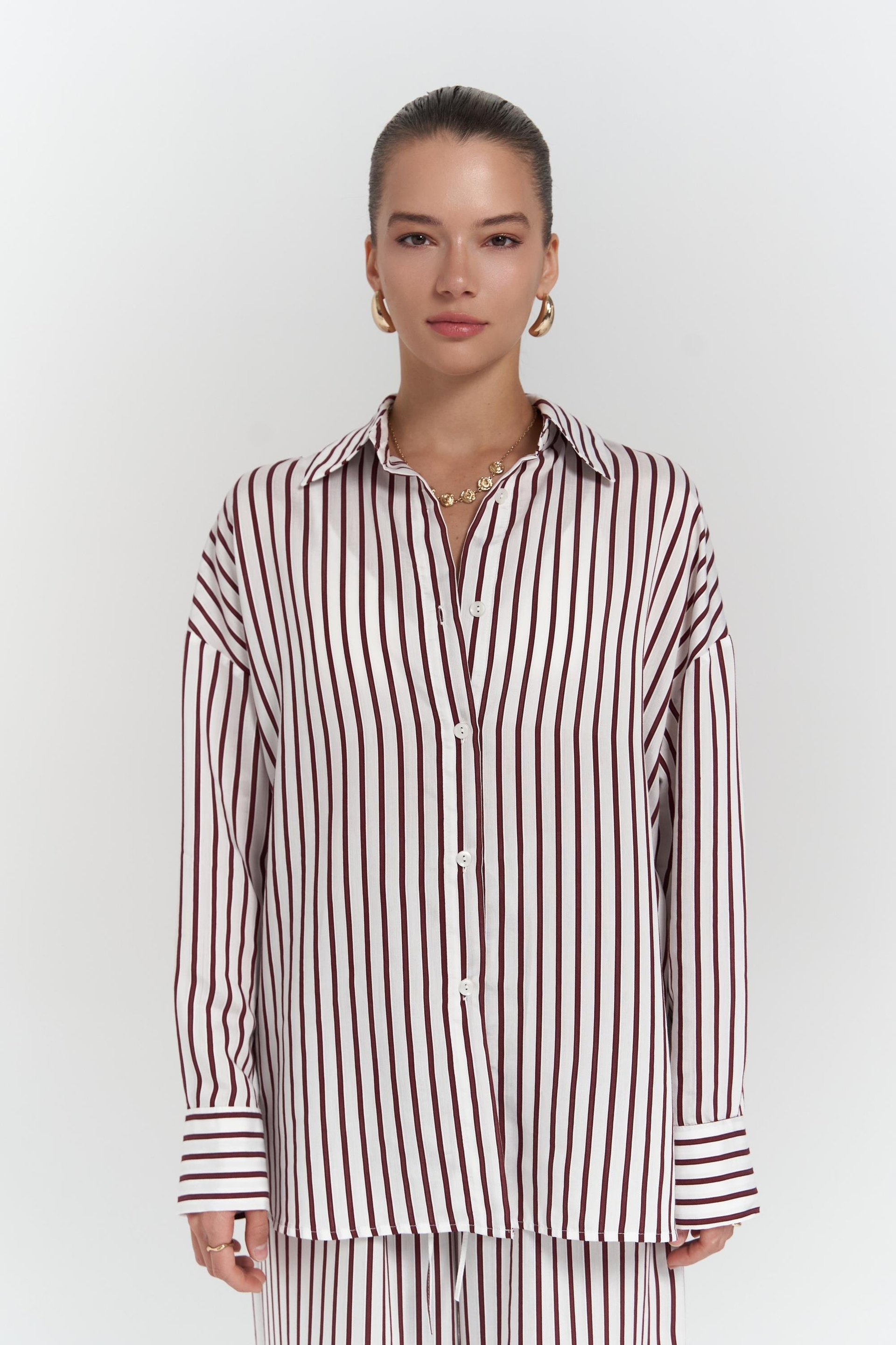 Beatrix Bordo Çizgili Ekru Gömlek Pantolon Takım