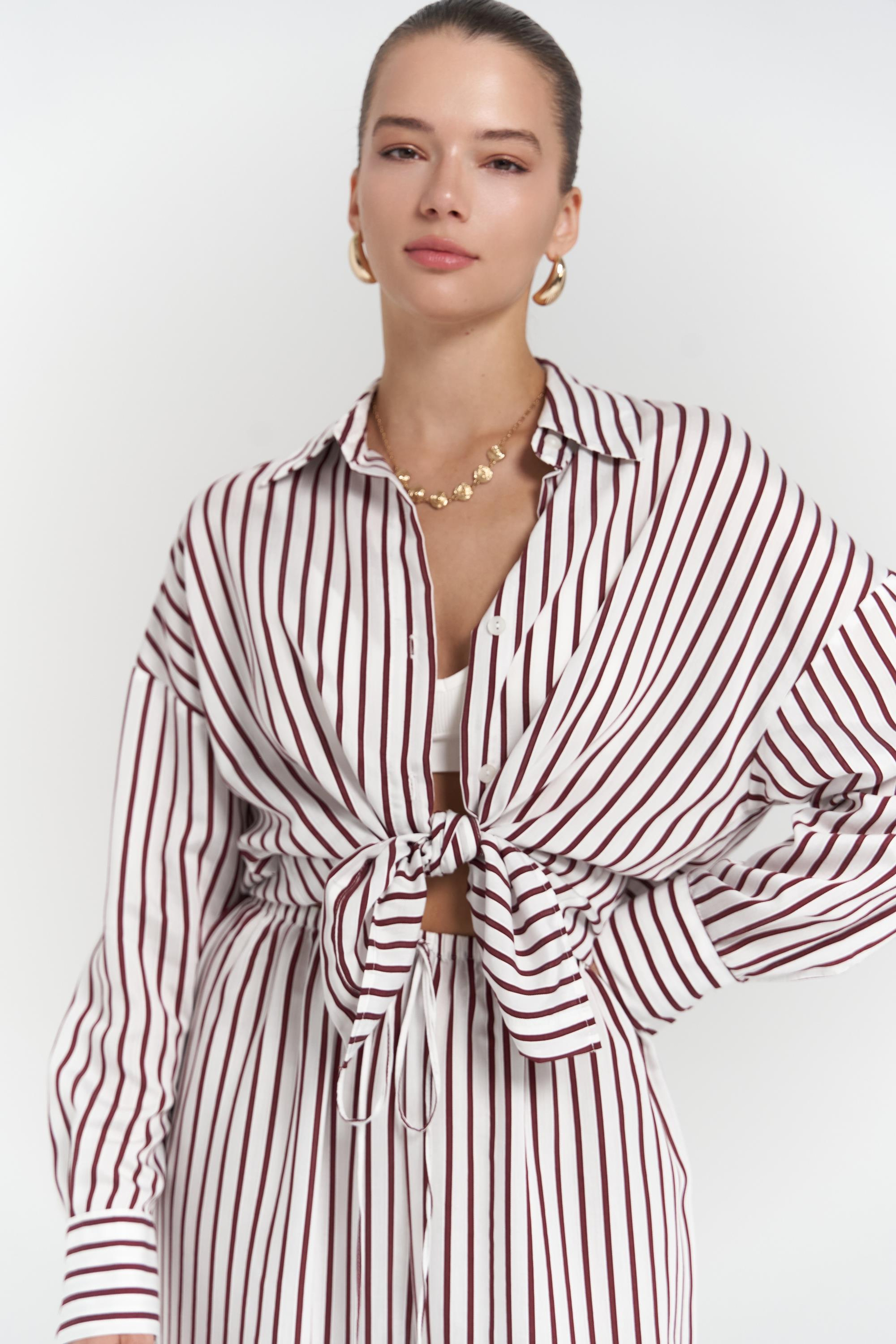 Beatrix Bordo Çizgili Ekru Gömlek Pantolon Takım