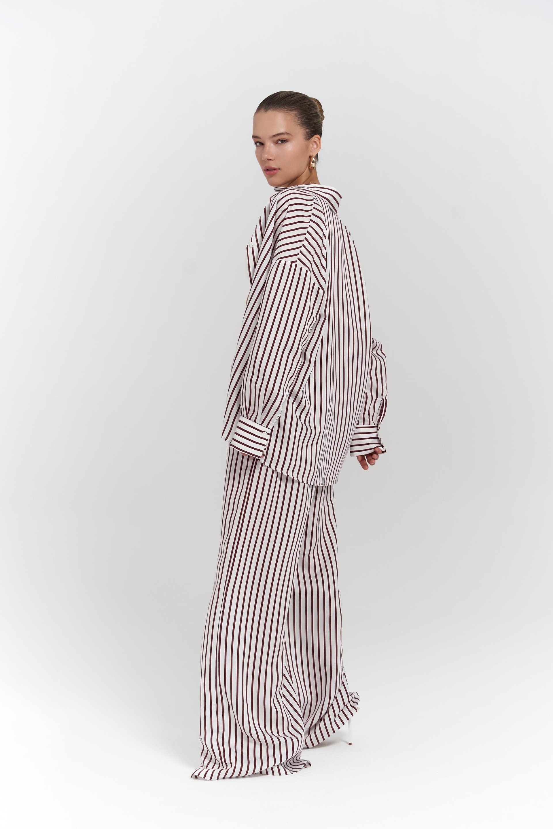 Beatrix Bordo Çizgili Ekru Gömlek Pantolon Takım