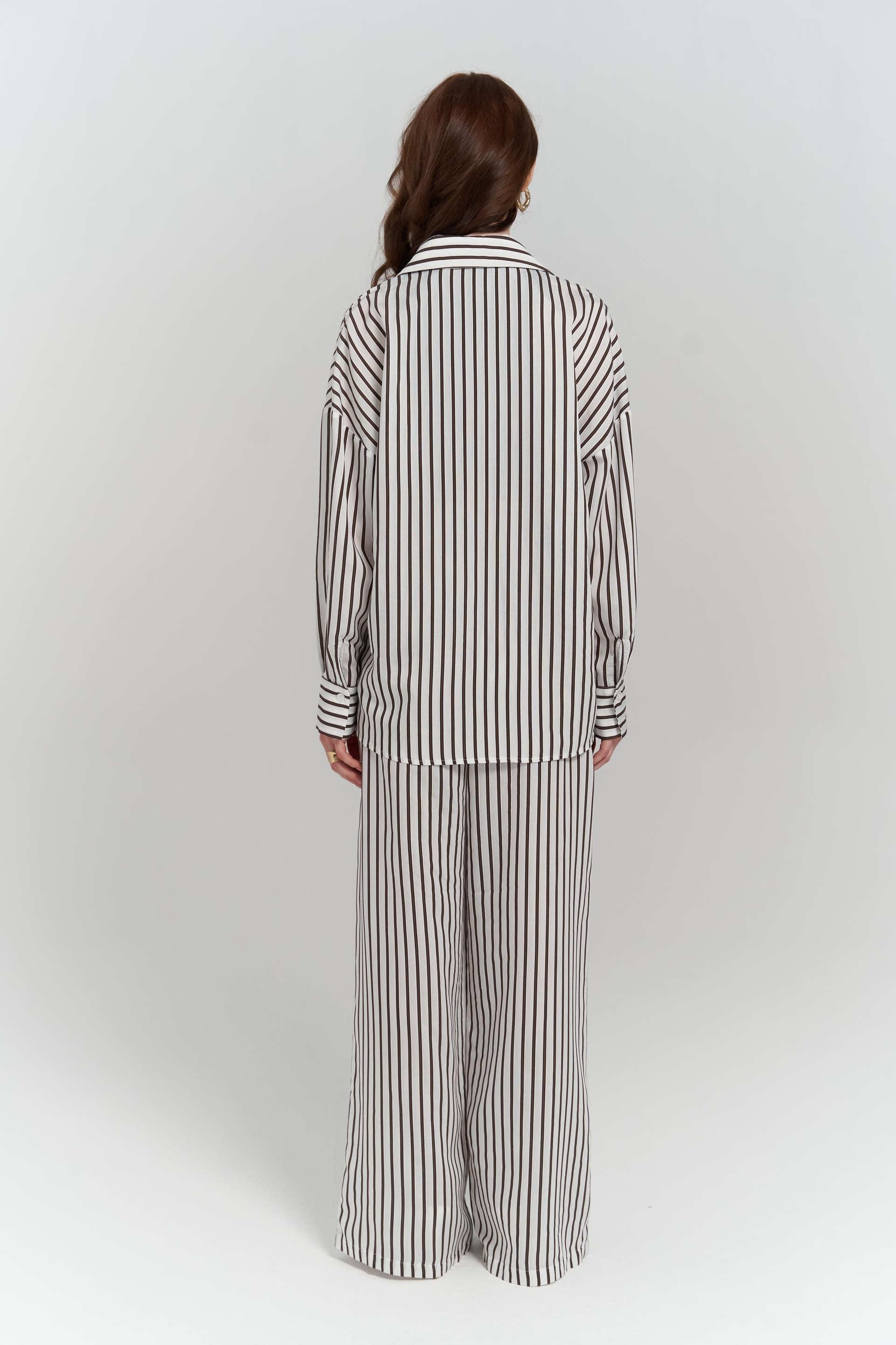 Beatrix Kahve Çizgili Ekru Gömlek Pantolon Takım