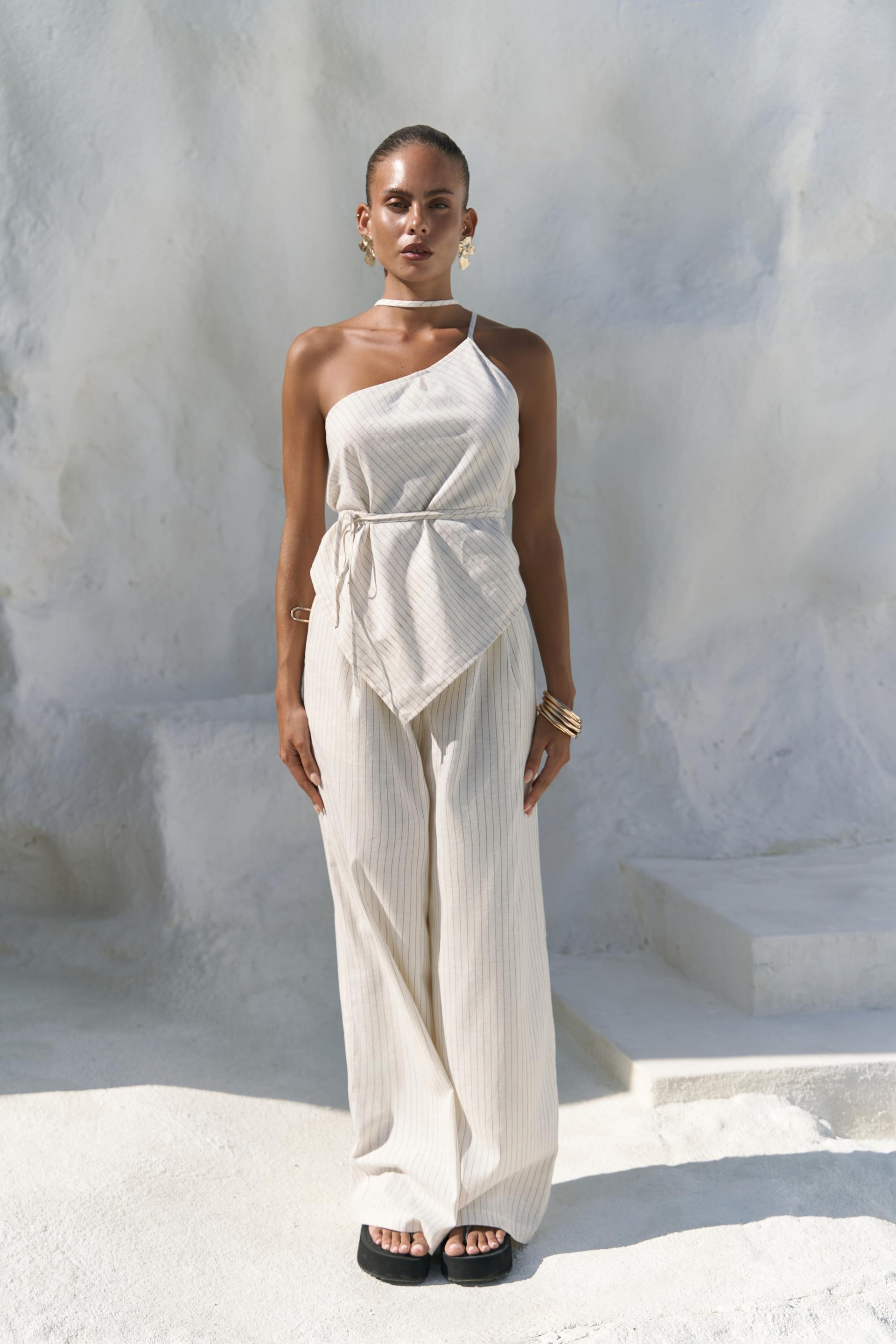 Behin Çizgili Bağlamalı Bej Crop Pantolon Takım